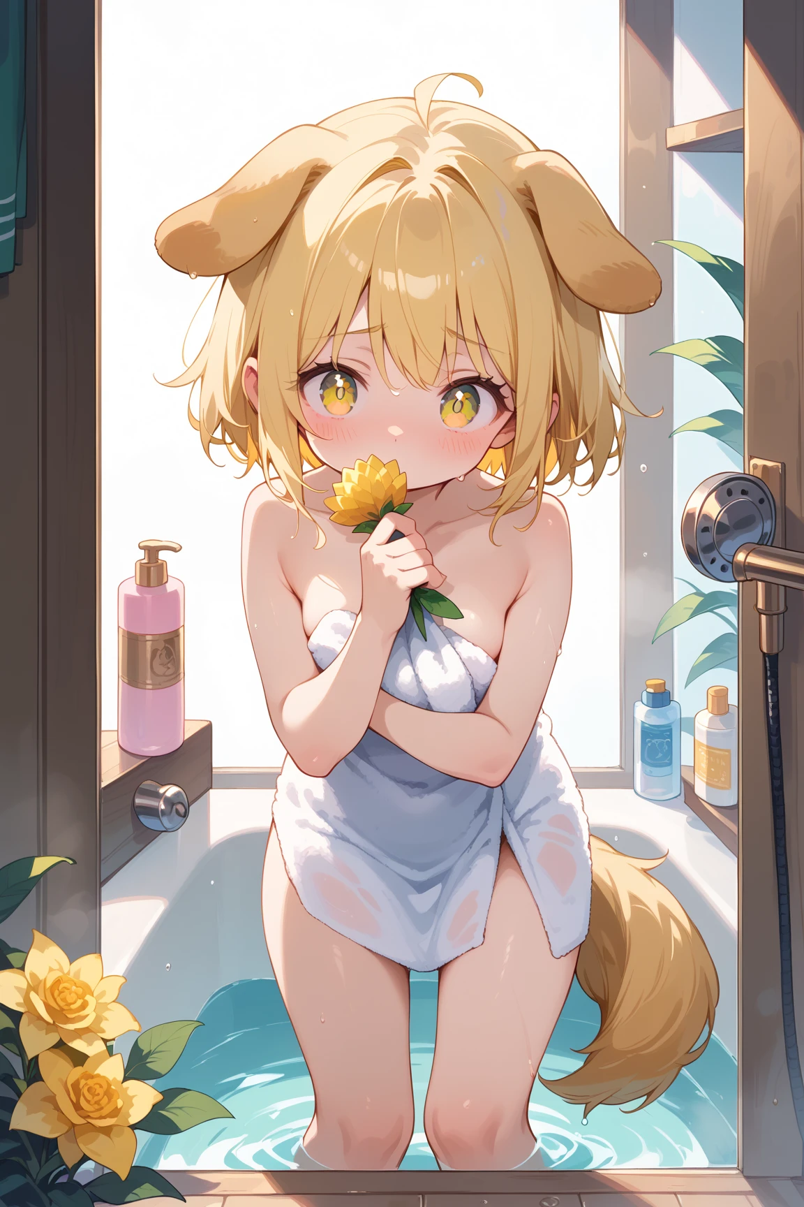 Roxanne, Bathroom, D-Size Breasts, Big , Puppy Girl, Dog Collar, Yellow Hair, Cowgirl Pose