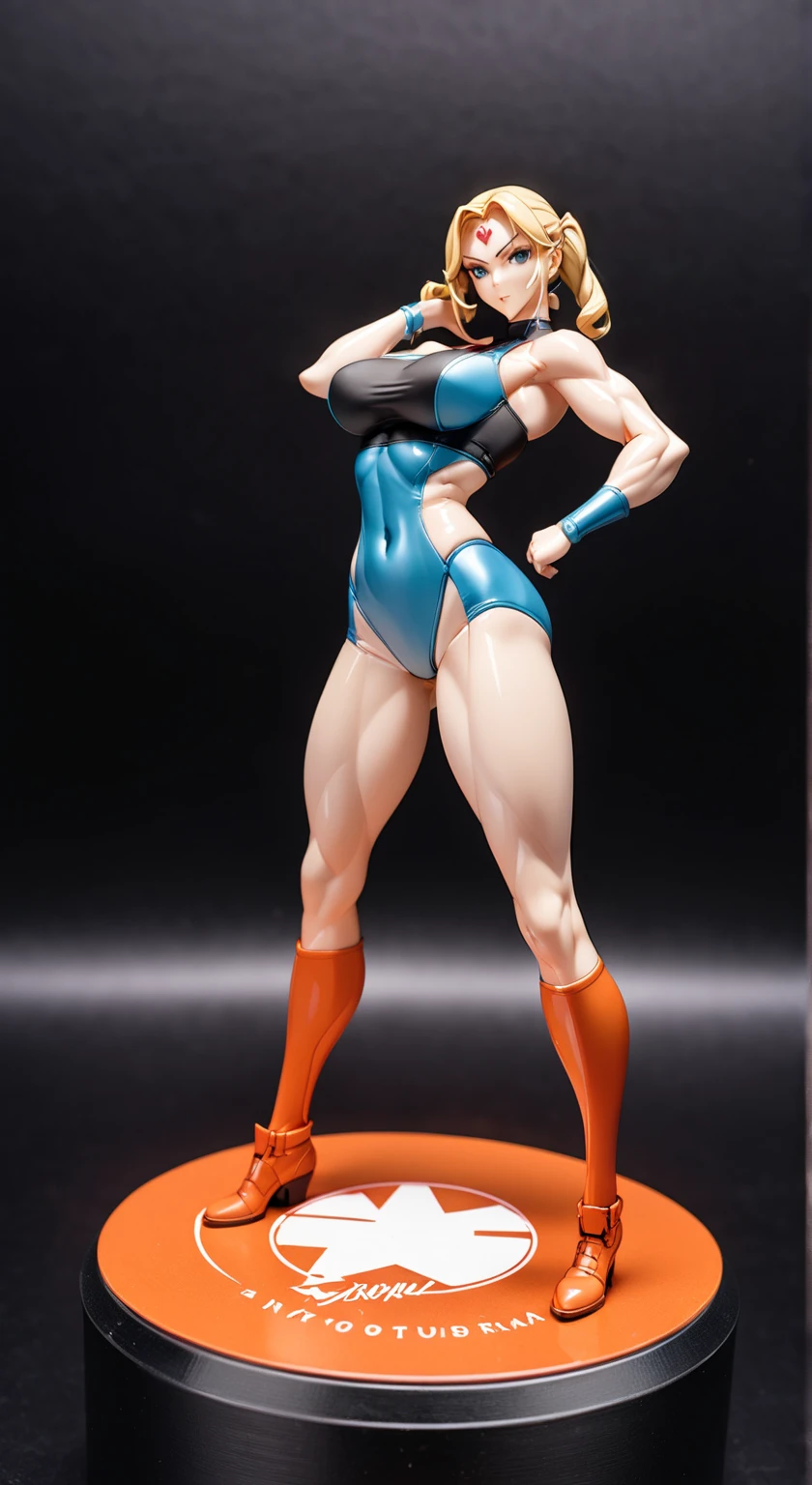 (Street Fighter Chunli),Chun- li,Muscular woman posing for a photo, Crop top and, (small boobs)Fitness woman, Perfect muscle structure, athletic body build, Sexy muscles, Blue clothes,Black-brown stockings,White booties,Gold pattern,Protruding small nipple tips,Two white buns,