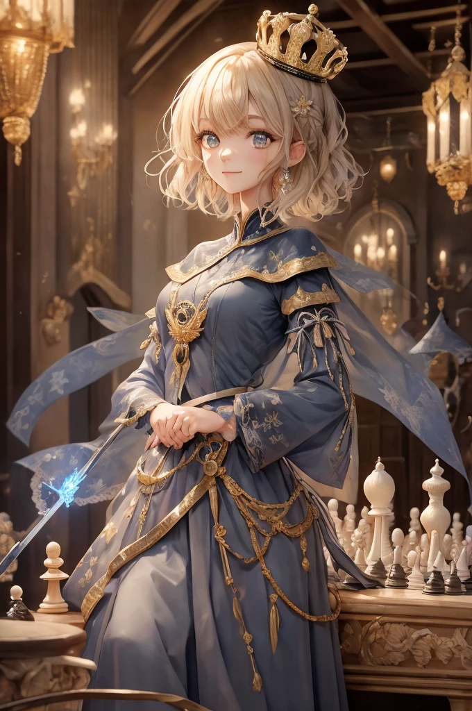 8K resolution, (best of the best) (best picture quality) a cartoon character stands in front of a chess set with soldiers standing next to her, chess piece, smile, 1girl, solo, sword, weapon, blue eyes, holding, short hair, blonde hair, crown, Maximum facial details, Maximum detailed textures, jewelry detailed backgrounds, Maximum detailed shadows, Maximum detailed backgrounds, bioluminescence, ,bioluminescence, anne freaks style, ima_AI123,anne freaks style, Medieval furniture, sparkling lights, decorative lighting,