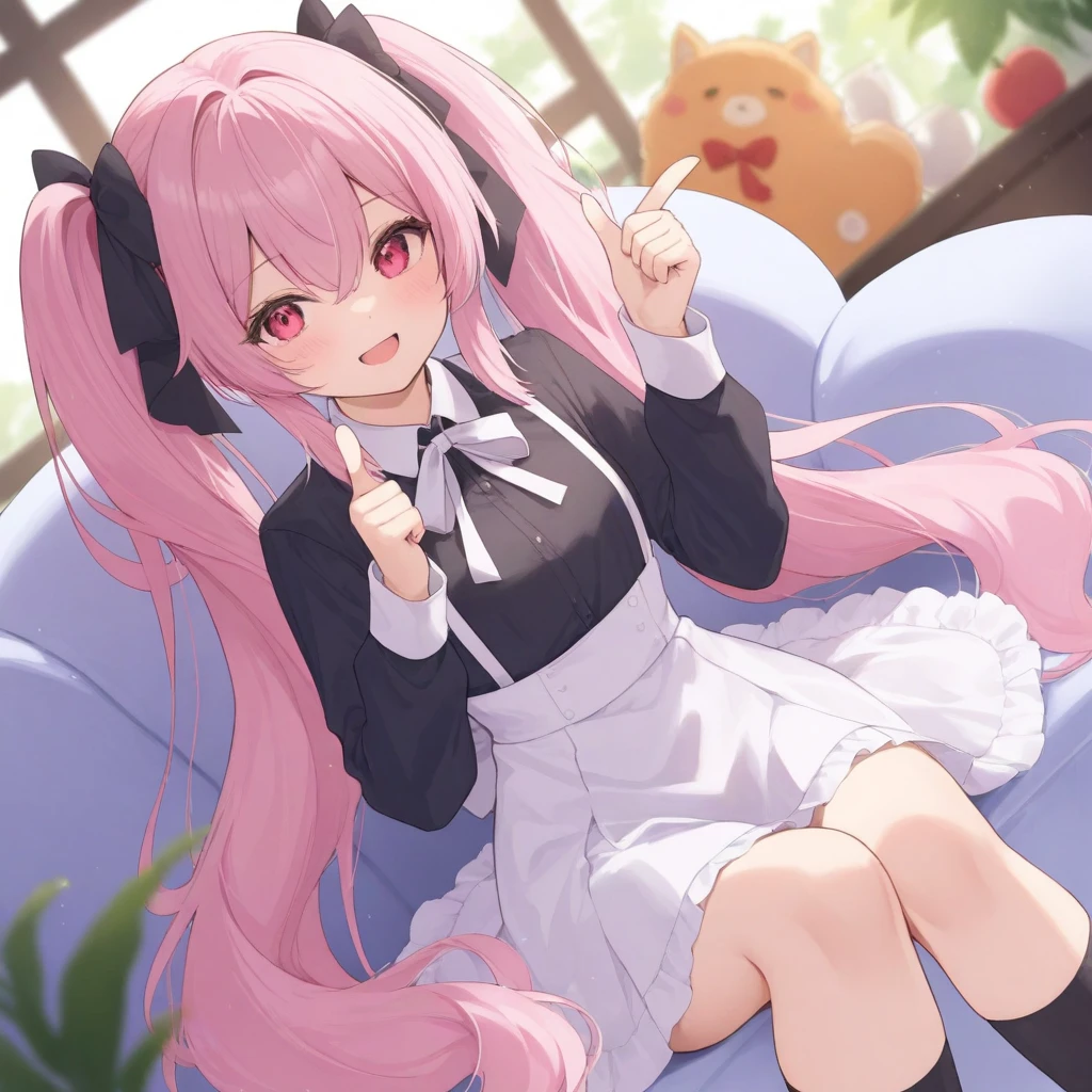 female, knee up body, eating chocolate, cat-shaped chocolate, pink hair, have cat ear