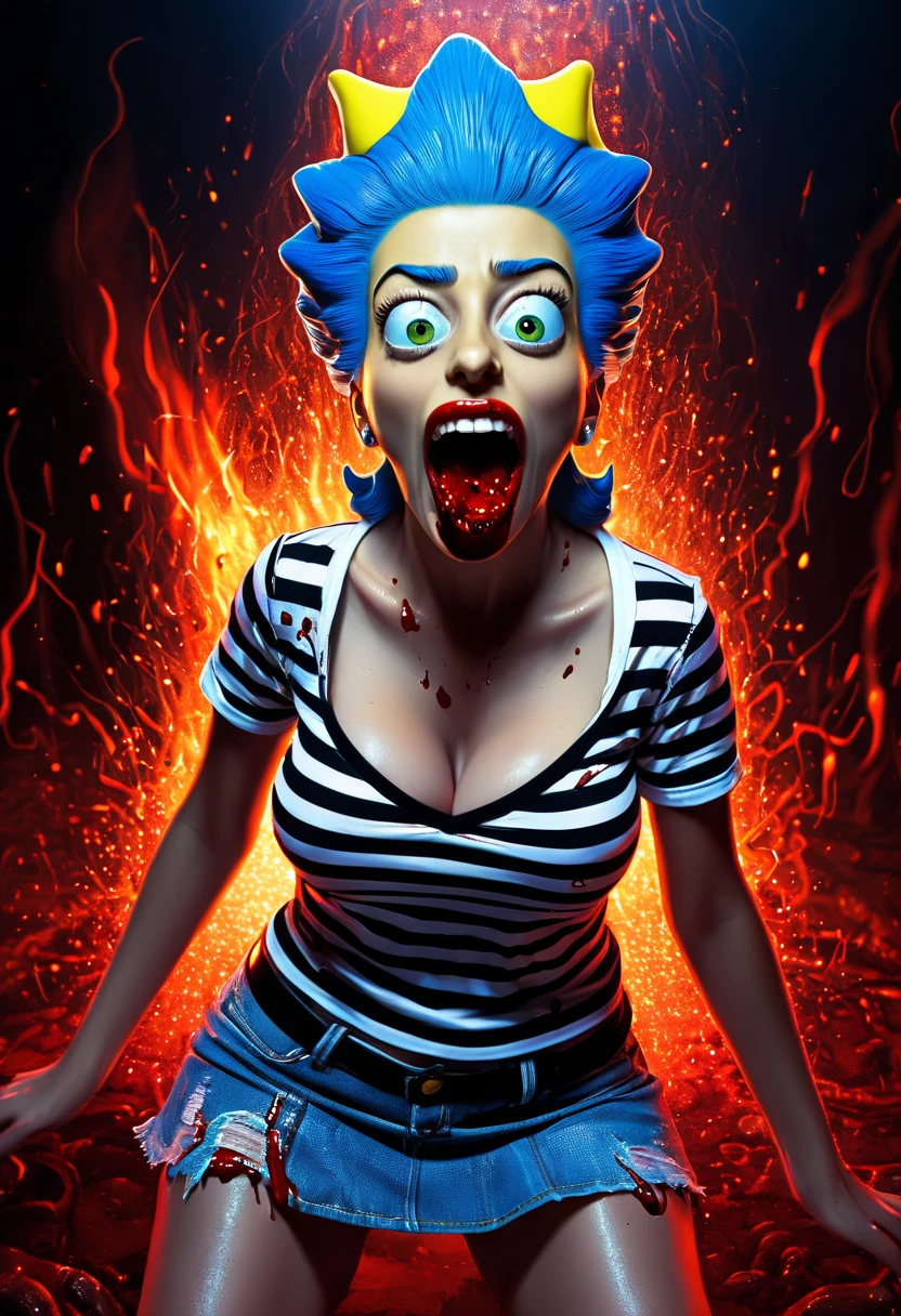 masterpiece, best quality, (undead Marge Simpson:1.3), elegant, 1 undead evil demoness, cute, blushed, looking at viewer, from above, (blood in open mouth:1.3), open panties under the mini skirt, white and black striped T-shirt, wet T-shirt, blue eyes, beautiful eyes, inferno in background, light particles, dramatic lighting, inferno, realistic, best quality, ultra-detailed, scenery, beautiful detailed eyes, detailed hair on the tiny breasts, demons, evil spirits