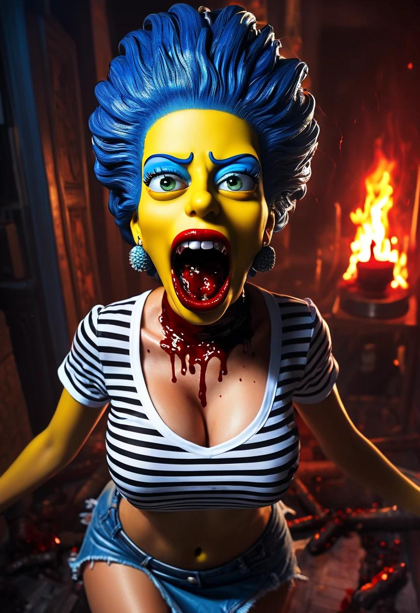 masterpiece, best quality, (undead Marge Simpson:1.3), elegant, 1 undead evil demoness, cute, blushed, looking at viewer, from above, (blood in open mouth:1.3), open panties under the mini skirt, white and black striped T-shirt, wet T-shirt, blue eyes, beautiful eyes, inferno in background, light particles, dramatic lighting, inferno, realistic, best quality, ultra-detailed, scenery, beautiful detailed eyes, detailed hair on the tiny breasts, demons, evil spirits