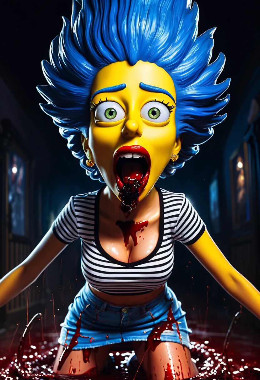 masterpiece, best quality, (undead Marge Simpson:1.3), elegant, 1 undead evil demoness, cute, blushed, looking at viewer, from above, (blood in open mouth:1.3), open panties under the mini skirt, white and black striped T-shirt, wet T-shirt, blue eyes, beautiful eyes, inferno in background, light particles, dramatic lighting, inferno, realistic, best quality, ultra-detailed, scenery, beautiful detailed eyes, detailed hair on the tiny breasts, demons, evil spirits