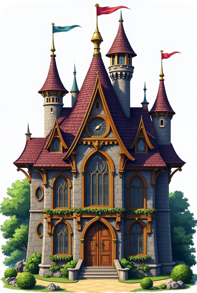 A detailed orthographic front view of a large medieval-style guild building inspired by Fairy Tail. The guild features a grand central entrance with ornate wooden doors, tall arched windows, banners hanging from the roof, and decorative stone and woodwork. The roof has multiple levels with spires, chimneys, and a clock tower. Surrounding greenery enhances the fantastical aesthetic. The design is symmetrical and functional.