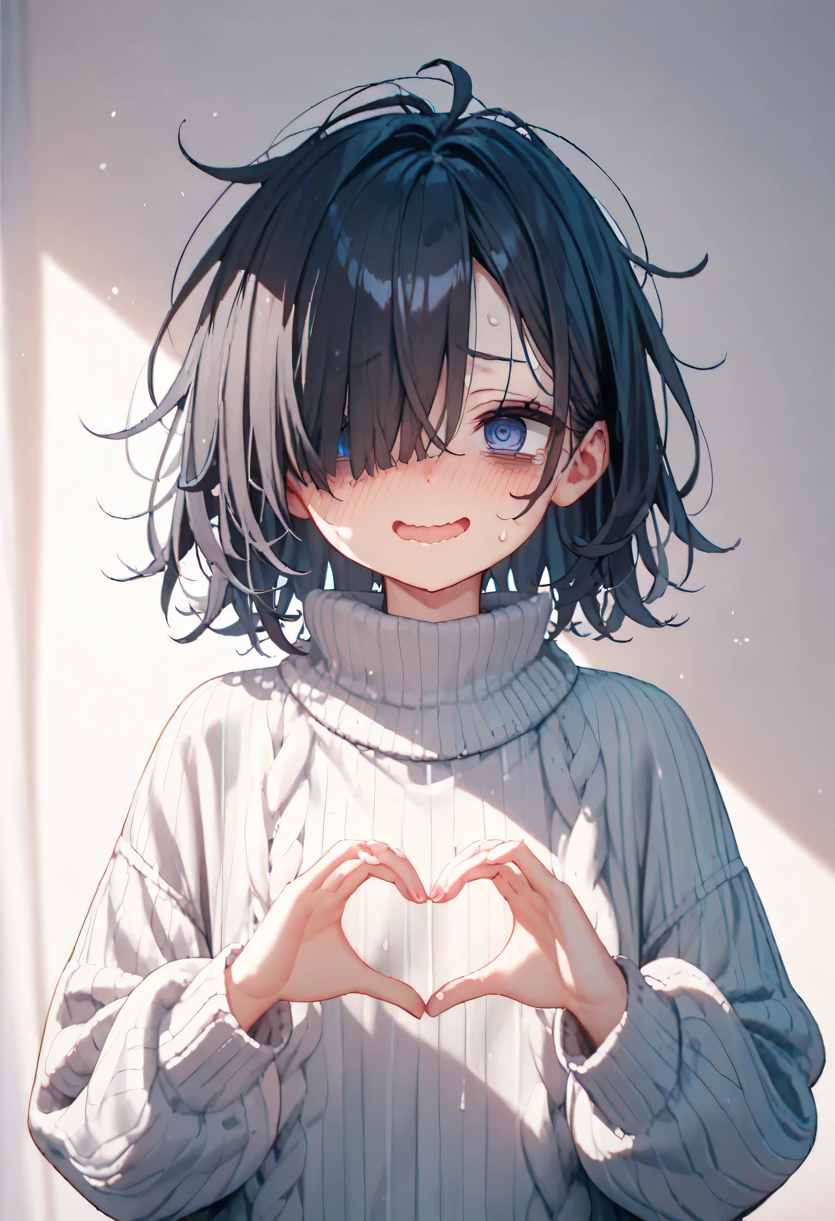 score_9, score_8_up, score_7_up, 1girl, looking at viewer, heart hands, pupils sparkling, dark grey hair, baby bangs, ice blue eyes, small breasts, pink ribbed sweater, backlighting, drydock, dutch angle <lora:kincora_PonyXL_style_v02:1>