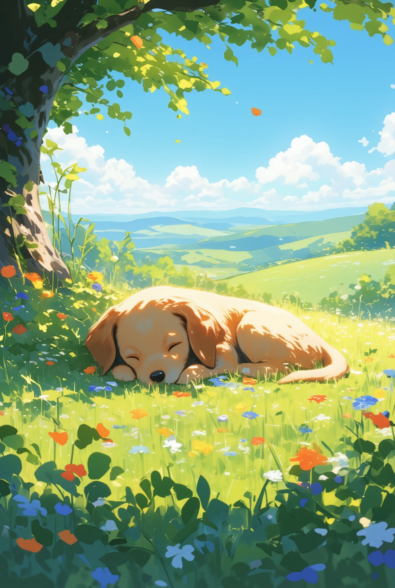A puppy is relaxing, lush green meadow filled with colorful wildflowers, a clear blue sky overhead, distant rolling hills, and a gentle breeze rustling the leaves.