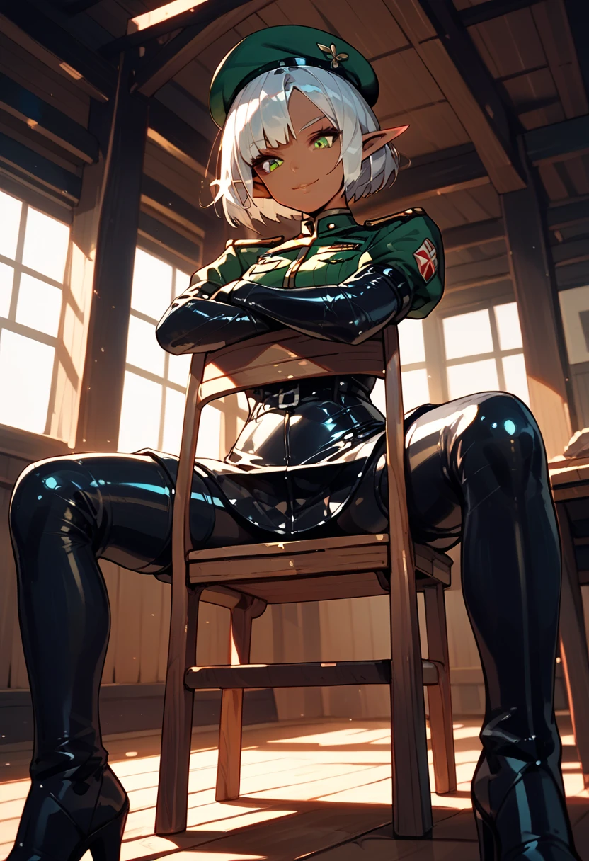 score_9, score_8_up, score_7_up, score_6_up, source_anime, female dark elf, solo, (sitting backwards:1.5), indoors, silver bob cut Hair, green eyes, (beautiful eyes, details eyes), pointy ears, small breasts, Shiny skin, Glossy lips, seductive smile, arms crossed on the back of the chair, looking down, BREAK, (sitting backwards on a wooden chair:1.5), green Beret, latex military uniform, tight skirt, military boots, low angle shot, from below