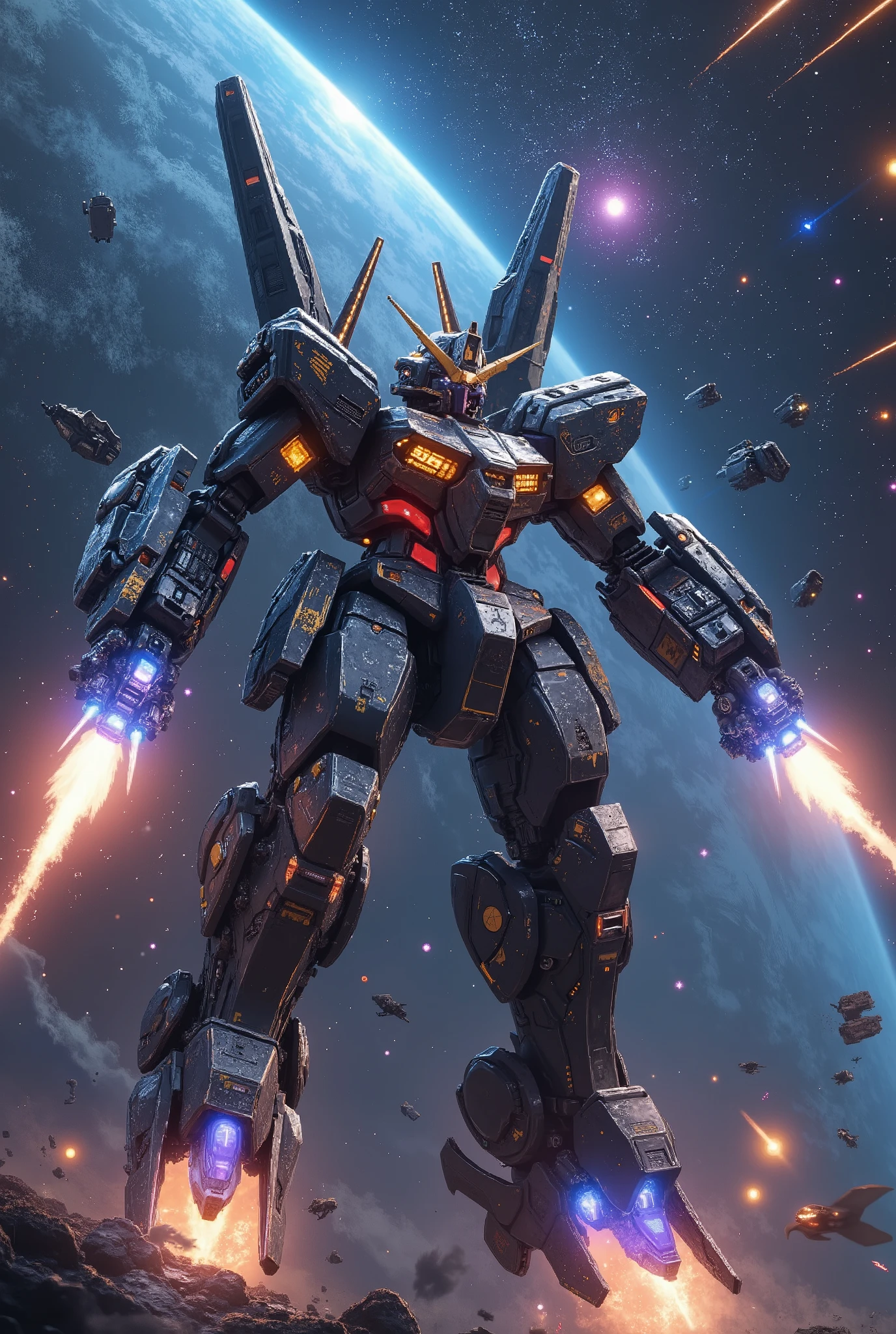 A colossal, heavily armored mecha, resembling a Gundam Robots, soars through the vast emptiness of space, its thrusters roaring with vibrant blue flames. The intricate mechanical details of its body, adorned with glowing energy lines and battle-worn textures, come into sharp focus as it flies directly toward the viewer. The dynamic perspective captures the immense size of the mecha, with its massive arms outstretched for balance and its glowing eyes radiating a fierce intensity. Behind it, a breathtaking backdrop of distant stars, luminous blue and purple nebulas, and scattered debris from a recent battle sets the stage. Metallic reflections glint off its surface, illuminated by the light of a nearby sun, while a trail of exhaust and sparks accentuates its unstoppable acceleration. The scene conveys a powerful sense of momentum and cinematic grandeur, rendered with hyper-realistic details and presented in stunning 8k resolution for a truly awe-inspiring masterpiece.
