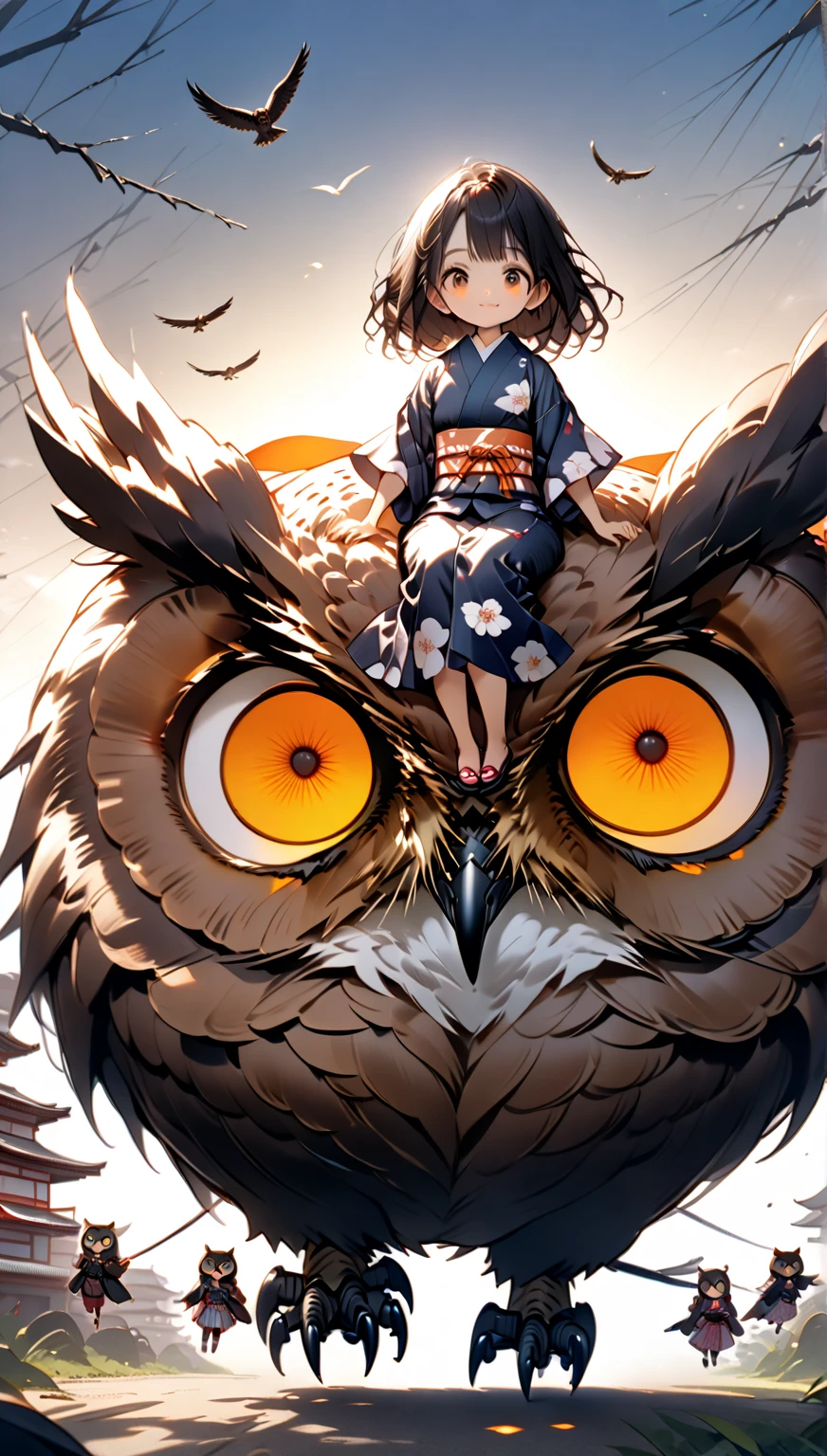  A girl is riding a giant owl , Japanese style yukata ，Hzk,    Ultra Miniature Girl   , 