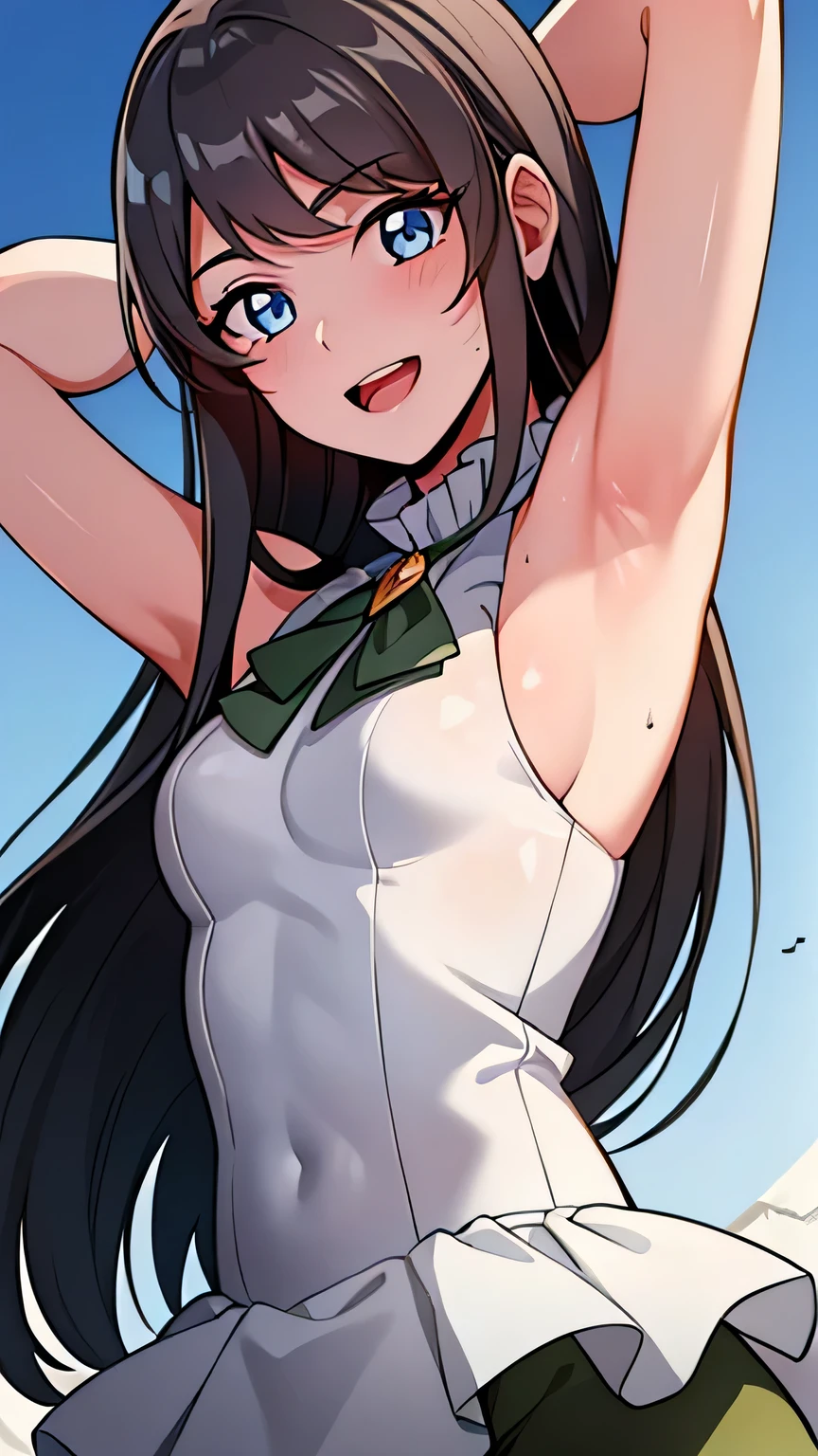 quality, masterpiece, highly detailed, 8k, masterpiece, tilly wimbledon, sleeveless, 1girl, smile, open mouth, blush, detailed face, detailed eyes, medium breast, blue eyes, top of mountain, night, moon, ((armpit)), sweaty armpit, leotard
