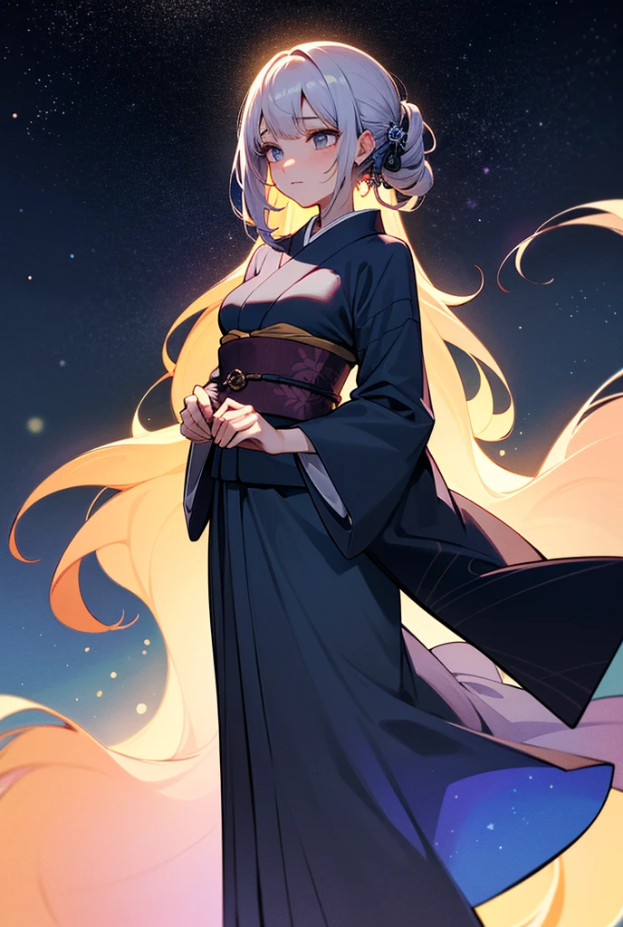 A mesmerizing depiction of a woman in a traditional Japanese kimono infused with galactic elements. The kimono is embellished with intricate patterns of constellations, shimmering stars, and glowing nebulae, giving it a celestial aura. The woman stands gracefully in a cosmic landscape, her hair blending seamlessly into the starlit sky. Her serene expression and elegant pose exude a sense of mystery and harmony. The image is illuminated with hues of deep indigo, violet, and silver, capturing a dreamlike fusion of tradition and the universe.