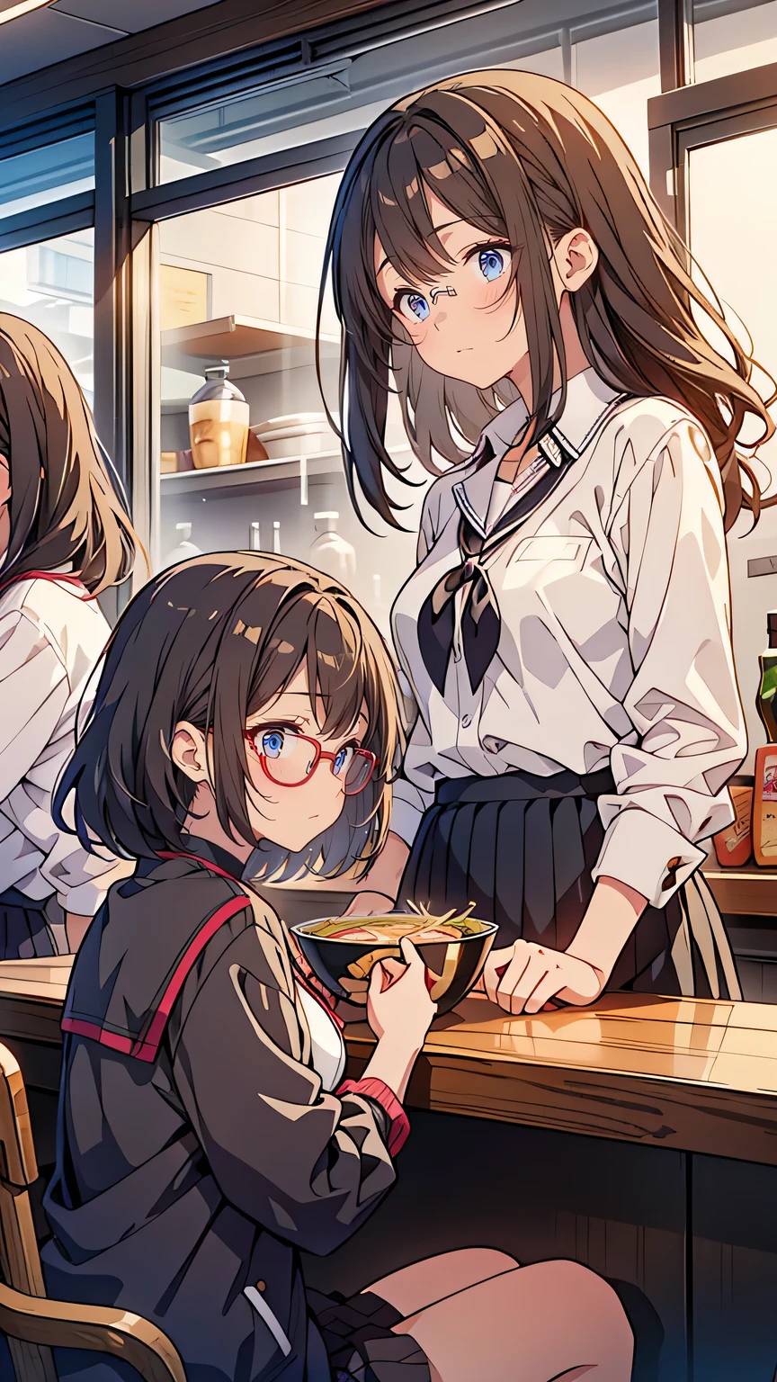 “Two high school girls sit side by side at the ramen shop counter. The calm, black-haired girl quietly stirs her broth with a spoon, while the composed brunette adjusts her glasses before speaking. Their conversation is low and deliberate, contrasting with the lively chatter of their friends at the other end of the table. The scene captures an intimate moment of connection between two thoughtful individuals.”