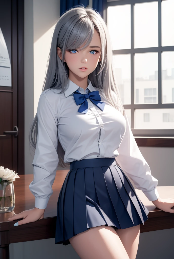    a beautiful girl, pelo plateado,   Blue eyes  ,     bright eyes  , camisa blanca, pleated skirt, blue bowtie , school uniform, sexy legs , closed lips    ,    long hair,    High resolution, breasts  ,  Looking at the camera , pelo ondulado 