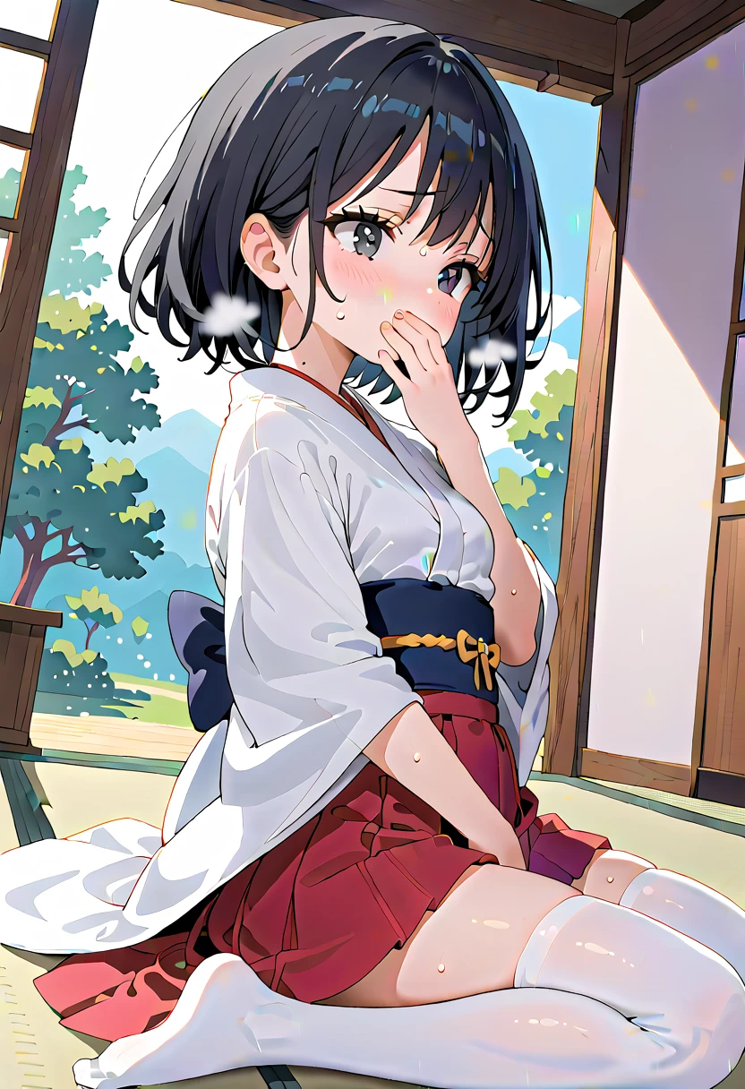 (masterpiece,beautiful,hughres,CG,8k,16k,best quality,high-resolution,detailed fingers,detailed hands,detailed legs,detailed eyes:1.5),anime,source anime,illustration,(from side:1.4),from below,panties focus,(1girl,Alone:1.2),(sunlight,Japanese style,Sliding doors,Japanese-style room,tatami:1.5),(tatamiの上で:1.2),(black hair:1.5),black eyes,(short hair,bangs:1.5),(miko,japanese clothes,white kimono,red skirt,mini skirt,white thighhighs:1.3),(white panties:1.4),(single-shoulders:0.8),(small breasts:1.4),sitting,(My legs:1.4),legs up,hand over own mouth, covering own mouth,(MASTURBATING UNDER PANTIES:1.3),(female orgasm,pussy juice:1.3),(trembling:1.4),(gasping,heavy breathing,blush:1.5),(impatience1.1),flustered,(fidgeting around:1.4),(steam:1.2),(sweat skin,sweat:1.4),(streaming tears:1.3),drooling,looking away,(looking down:1.4),(spoken heart:1.2),(narrow one's eyes:1.6)