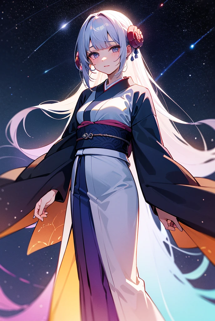 A mesmerizing depiction of a woman in a traditional Japanese kimono infused with galactic elements. The kimono is embellished with intricate patterns of constellations, shimmering stars, and glowing nebulae, giving it a celestial aura. The woman stands gracefully in a cosmic landscape, her hair blending seamlessly into the starlit sky. Her serene expression and elegant pose exude a sense of mystery and harmony. The image is illuminated with hues of deep indigo, violet, and silver, capturing a dreamlike fusion of tradition and the universe.