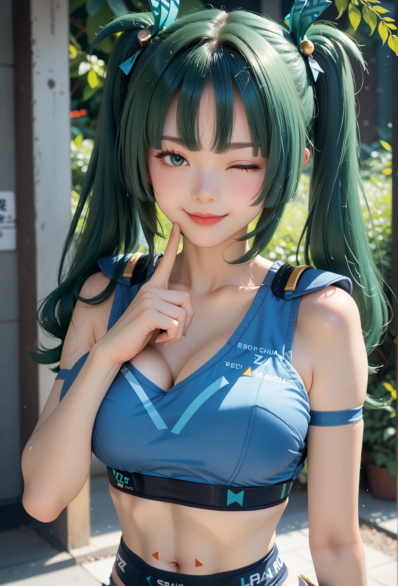 score_9_up,score_8_up,score_7_up,ZZZ_QY,1girl,solo,
green eyes, big breasts, sexy smile, sexy pose, winking at the viewer, finger on the cheek, blinking,  best quality, green hair, twintails, long hair, navel, close-up, blue midriff, full body, best_quality, 8k.