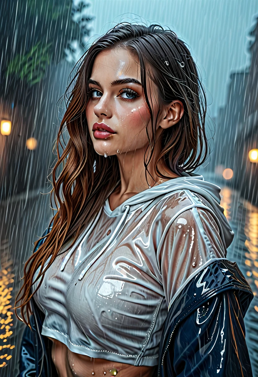 Extreme realistic depiction of a Wet Beauty Under Night Rain, in upper body shot, curvaceous glamorous body, hair hair over one eye,  extremely wet, realistic wet skin texture, realistic wet clothing heavy rain, realistic fabric texture, casual shirt and a spider-man hooded jacket,  crop top, adjusting her wet hair, head tilted slightly down.

Show a few wet hair flyaways around her face, catching the light and adding a natural, slightly messy look.detailed iris patterns in her eyes, with subtle color variations and a bright highlight, glossy texture to her nails, with soft reflections and a natural curve, adding to the overall wet appearance.

Leaning forward slightly with her hand resting on her chin, looking straight ahead with a thoughtful expression.