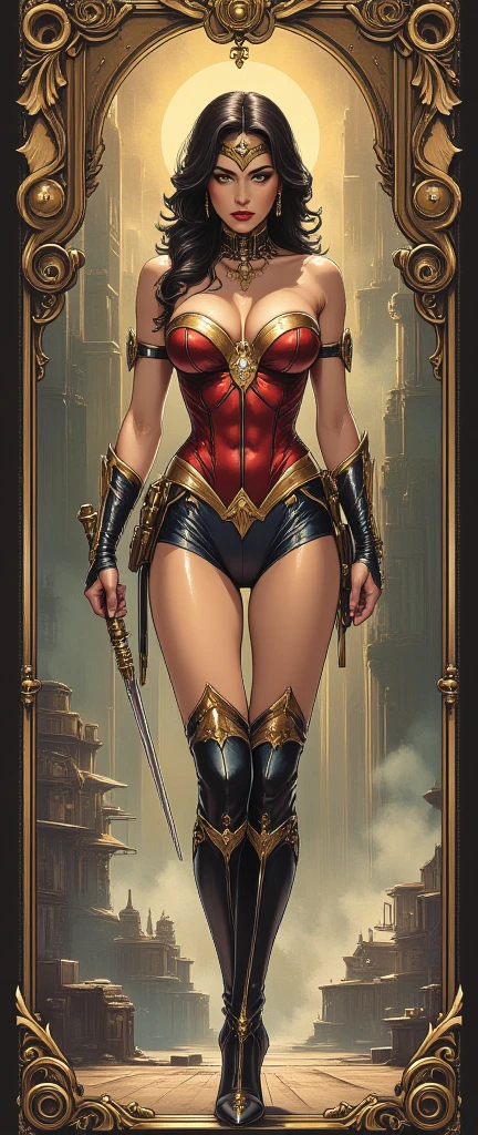 Pirotess,, (yellow eyes), white hair, silver hair, very long hair, straight hair, solo, adult woman, tall, slightly muscular, large breasted, cleavage, constricted waist, Toned body, slight abs, thin dark skin, pointy ears, lipstick, makeup, black eyeshadow,, circlet, white short dress, jewelry, bracelet, white gloves, thigh boots,,, blue sky, white clouds, meadow, tree, sitting on a branch, from below, thighs, forest background,, cowboy shot,