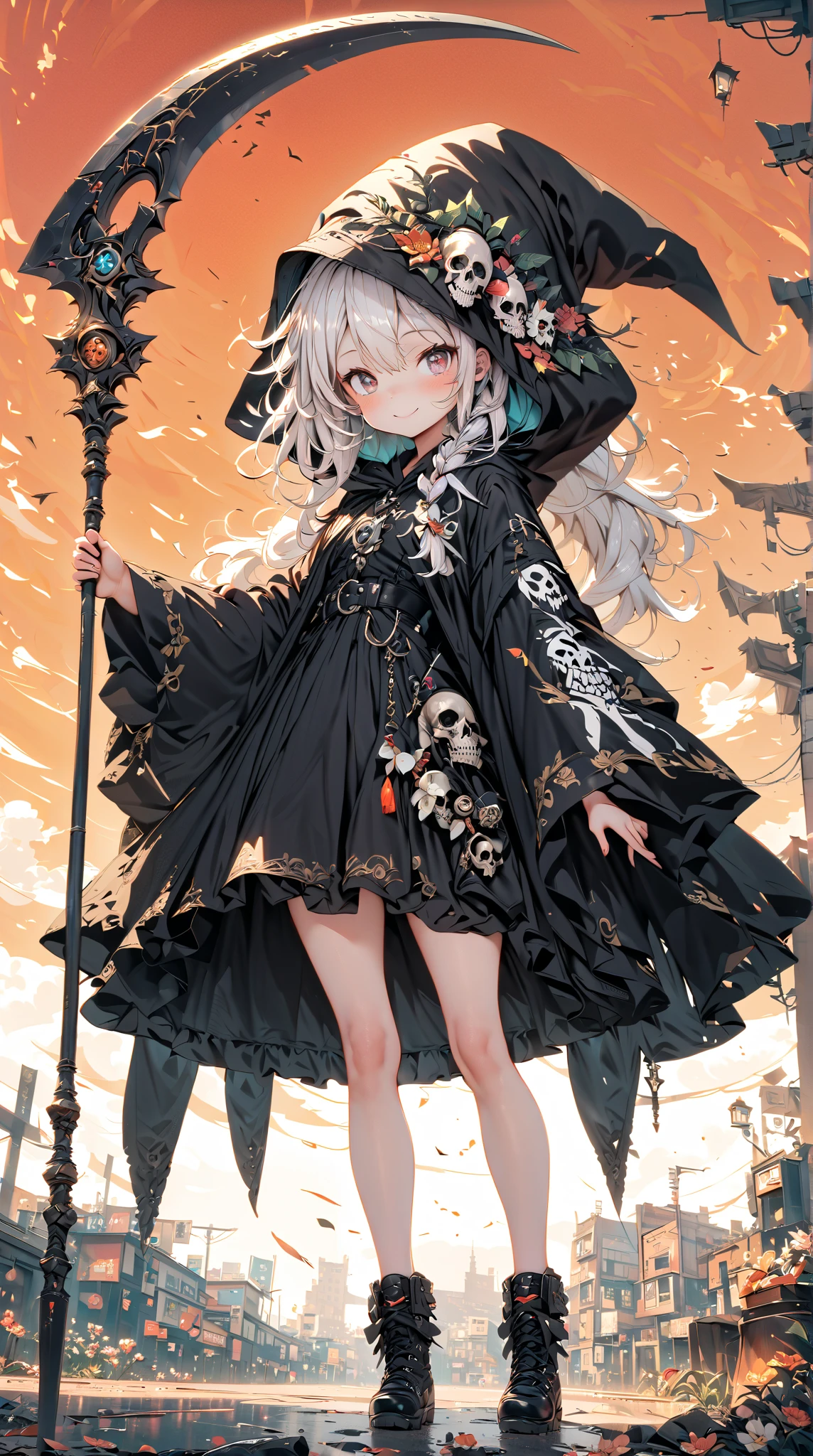 solo,1female\(grim reaper,cute,kawaii,,hair color white,braid hair,messy hair,eye color dark,big eyes,pale white skin,big smile,enjoy,full body,wearing Grim Reaper's black Robe,(black hood),holding scythe,skip,flower hair ornament,white hair,(body transparent:0.8)\),background\((black sky:1.5),skulls at ground,withered flowers all over the ground,red water\), BREAK ,quality\(8k,wallpaper of extremely detailed CG unit, ​masterpiece,high resolution,top-quality,top-quality real texture skin,hyper realisitic,increase the resolution,RAW photos,best qualtiy,highly detailed,the wallpaper\)