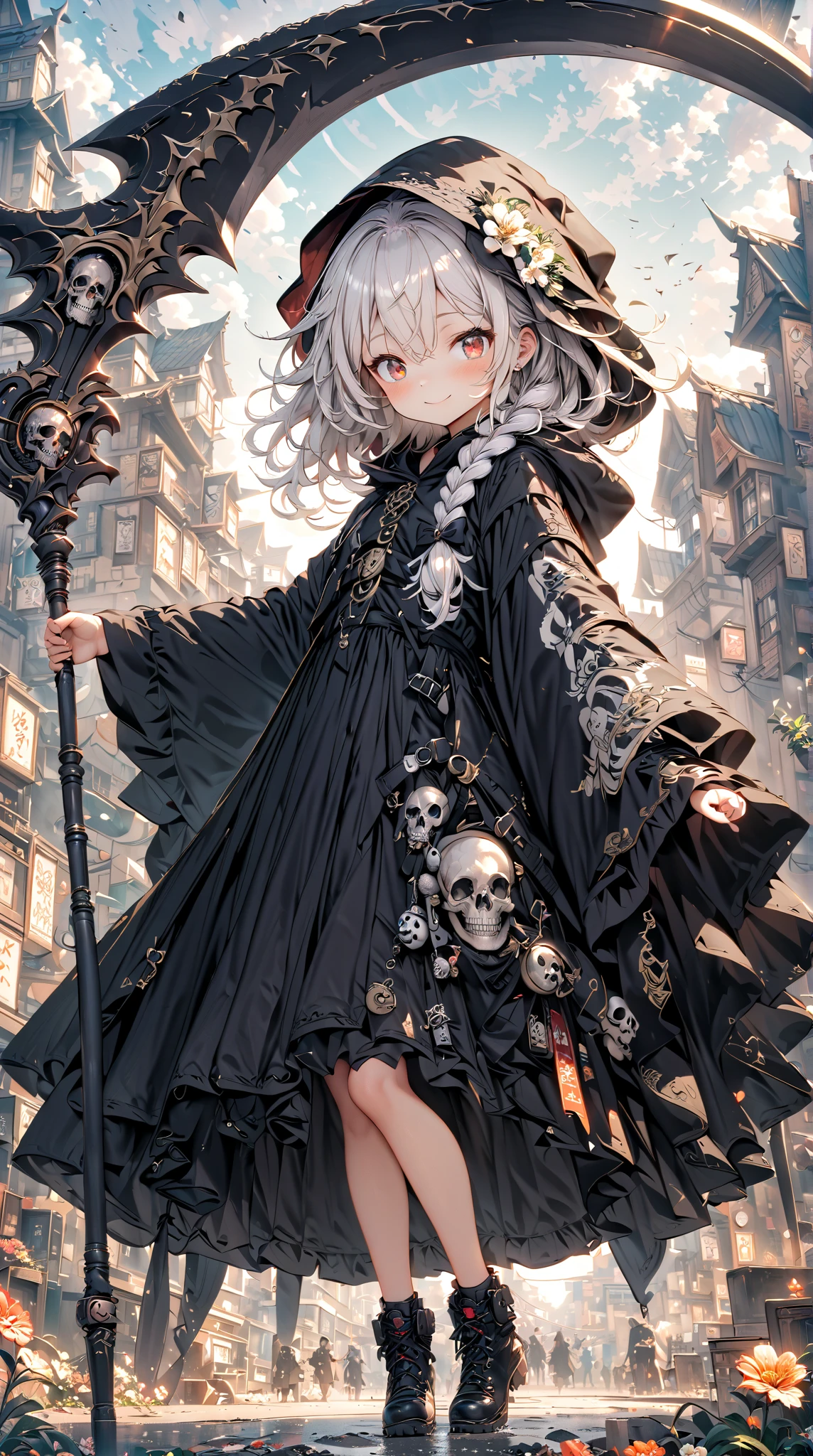 solo,1female\(grim reaper,cute,kawaii,,hair color white,braid hair,messy hair,eye color dark,big eyes,pale white skin,big smile,enjoy,full body,wearing Grim Reaper's black Robe,(black hood),holding scythe,skip,flower hair ornament,white hair,(body transparent:0.8)\),background\((black sky:1.5),skulls at ground,withered flowers all over the ground,red water\), BREAK ,quality\(8k,wallpaper of extremely detailed CG unit, ​masterpiece,high resolution,top-quality,top-quality real texture skin,hyper realisitic,increase the resolution,RAW photos,best qualtiy,highly detailed,the wallpaper\)