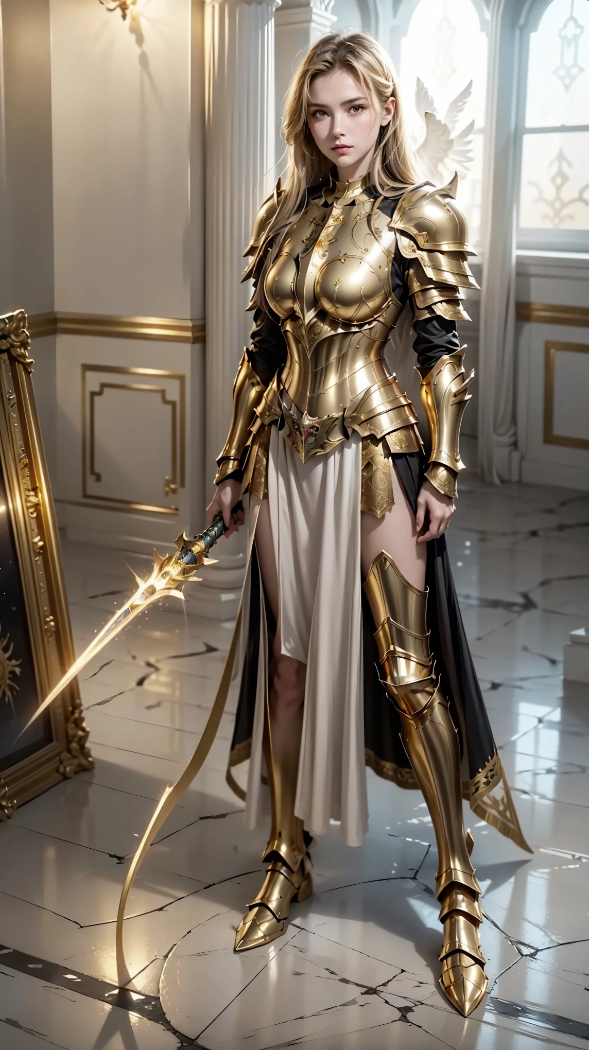  arafed knight in full armor standing before a fire,  golden paladin armor , picture of female champion, epic Paladin Armor, Golden clothes, light gold armor, Angelic Golden Armor , female champion, gold paladin, Paladin Armor, elegant golden armor , shiny golden armor, gorgeous female champion,  wearing gold armor, engraved golden armor, emwat