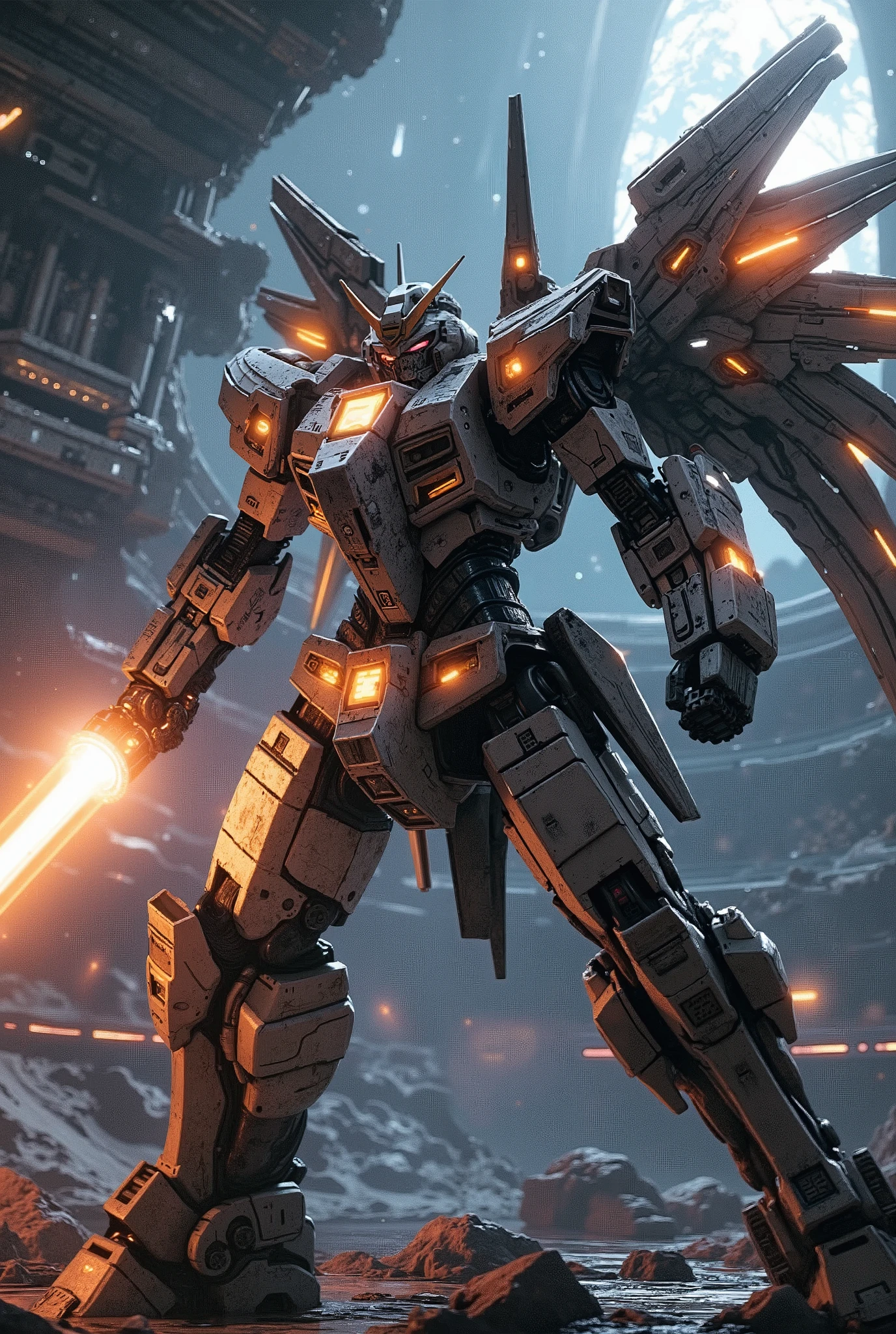 A massive, heavily armored mecha resembling a Gundam Robots,solo, (kneeling on one knee in space:1.5), gripping a glowing beam saber with both hands, (the saber’s blade extended horizontally, glowing with an intense, fiery light:1.3), (the robot poised in a dynamic stance, ready to spring forward:1.4), (intricate mechanical details covering its armor, with battle-worn textures and glowing energy lines), (set against the backdrop of a colossal space colosseum:1.5), its metallic structure adorned with glowing panels, enormous arches, and suspended in the void of space, (distant stars and swirling nebulas visible beyond the colosseum’s structure), (soft ambient light illuminating the arena with a cold, futuristic glow), (the mecha’s thrusters emitting a faint, flickering light as it prepares to launch), (a sense of tension and explosive action about to unfold:1.5), cinematic lighting, hyper-realistic details, high-quality, 8k resolution, masterpiece, ultra-high-quality.