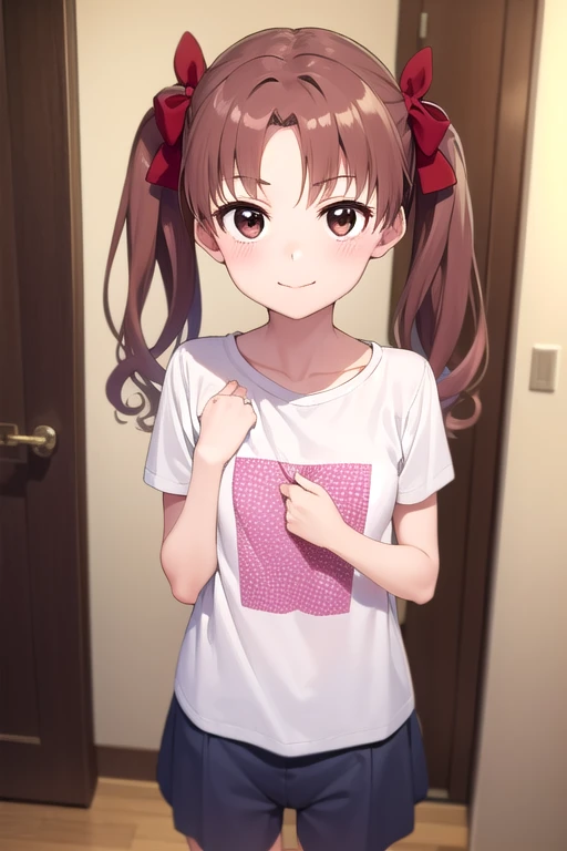  Highest Masterpieces，One young girl, Alone,   long hair, Chest,   show viewer  ,smile, Brown Hair,   shirt, bow,   twin tails,   brown eyes, white t-  shirt, hair bow, Bloomers:1.3, indoor,   clitoris:1.3，Excited facial expression:1.4, Kuroko Shirai, blush，