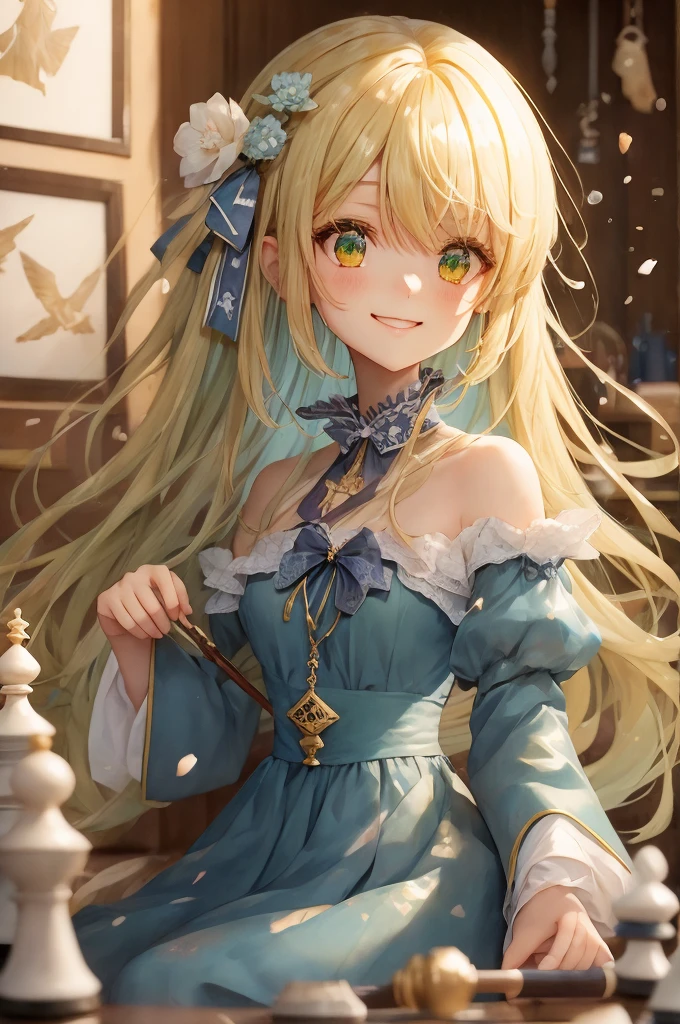 Anime Smiling Girl in a Blue Dress  green head girl playing chess  in a room,  Detailed Anime Key Visuals , Blonde Princess,  Arthur Pendragon,  cute girl anime visual, Guweiz ,  splash art anime loli , Artstation pixivでトレンド入り, !! green head girl playing chess !, Guweiz on ArtStation Pixiv , everyone