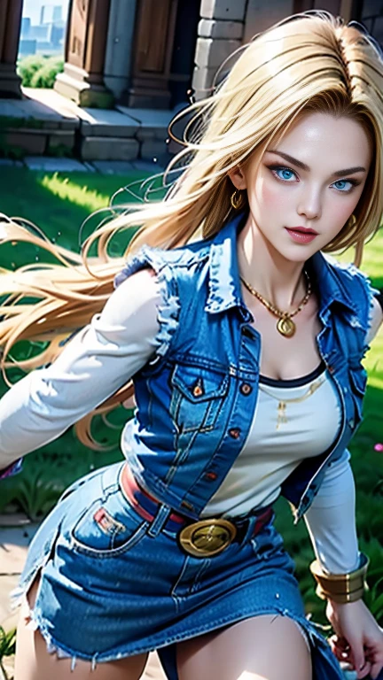 android 18, athletic body, pose sensual, muscle girl, breasts big, shorth hair loiro, blue colored eyes, waist belt, booties, tight blue denim skirt, golden necklace, black leotard, shorth hair, striped long sleeves, earrings, open vest, denim vest, cowboy photo, CityView, facing the front, (climate: windy), cute smile, long pantyhose, battle ruins, (RAW Photos, 8k Ultra HD, film grain)