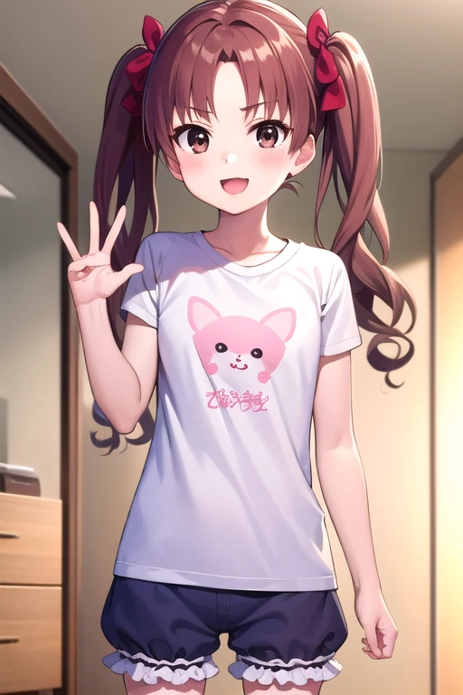  Highest Masterpieces，One young girl, Alone,   long hair, Chest,   show viewer  ,smile, Brown Hair,   shirt, bow,   twin tails,   brown eyes, white t-  shirt, hair bow, Bloomers:1.3, indoor,   clitoris:1.3，Excited facial expression:1.4, Kuroko Shirai, blush， playful gesture，