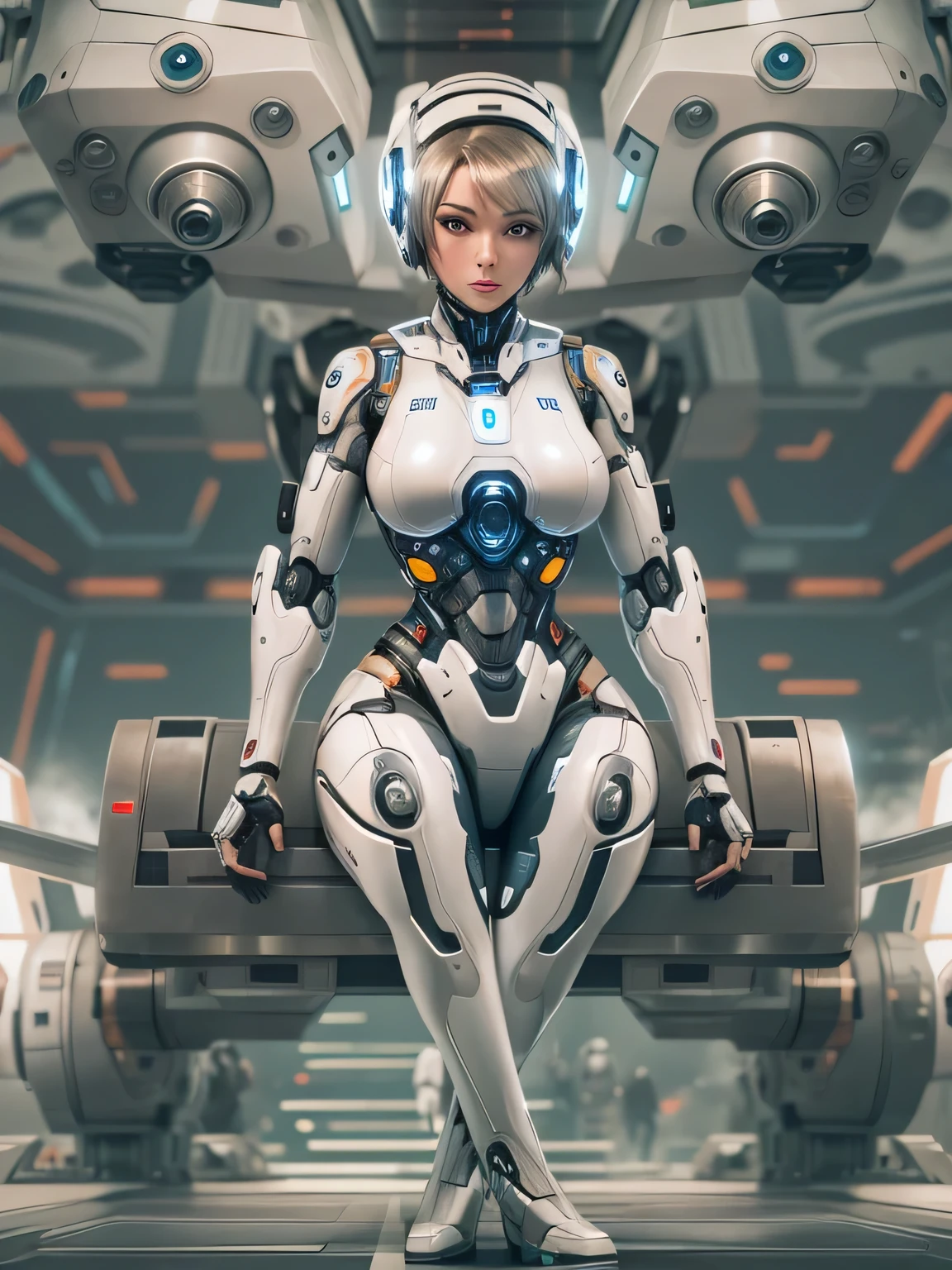 Highest image quality,Outstanding details,超高分辨率,(Fidelity:1.4), Favor the details,closeup cleavage,The background is a celestial starlight scene, high tech spaceships, He has a delicate and beautiful face,((Blue-white semi-mechanical body:1.8)),High-tech mecha weapons, Raised sexy,frontage,cyber punk perssonage,Futuristic,mechanically aesthetic,Virtual Engine 5,Perfect detail rendering,rendering by octane,hyper HD