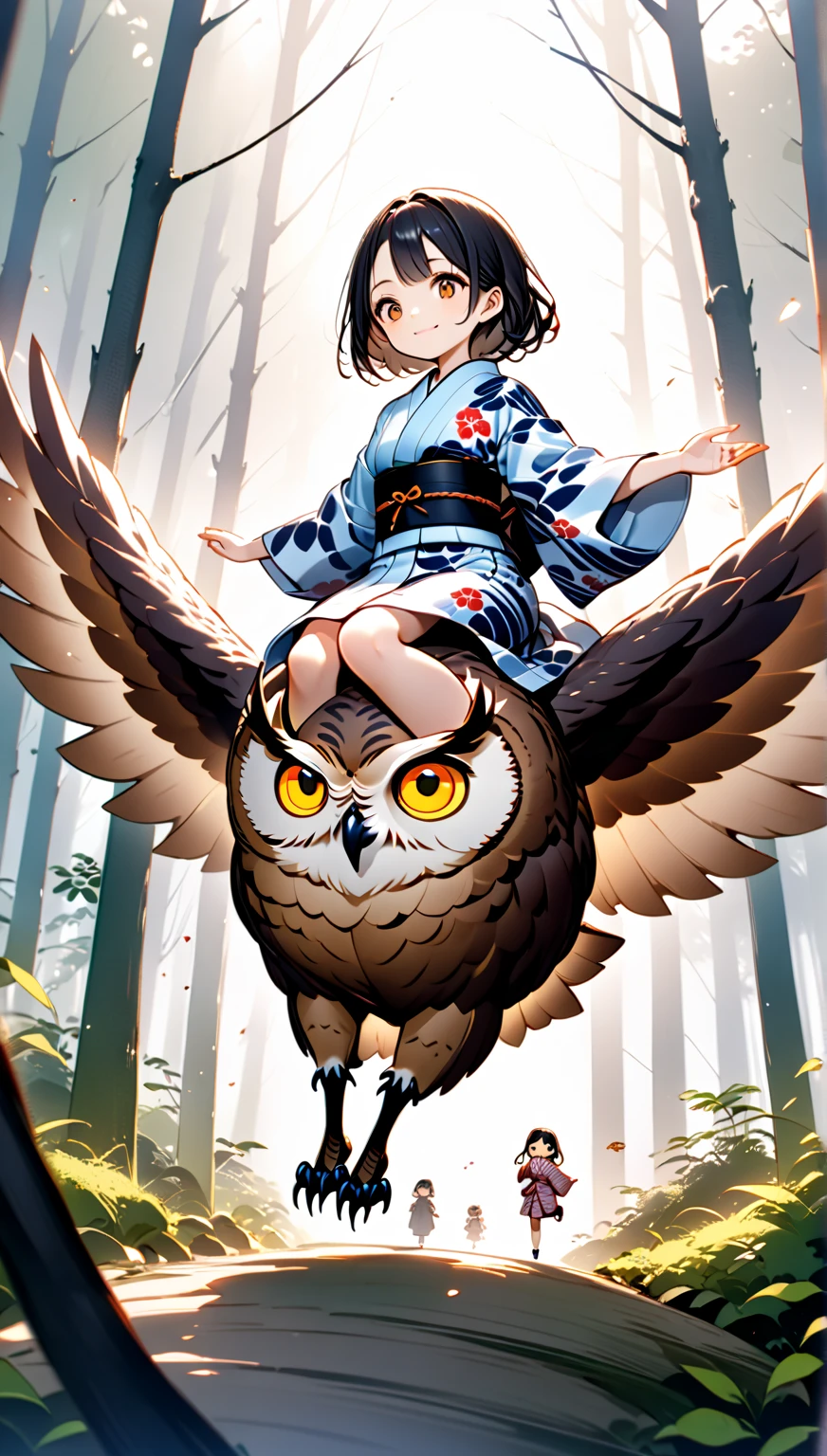  A girl is riding a giant owl , Japanese style yukata ，Hzk,    Ultra Miniature Girl   , 