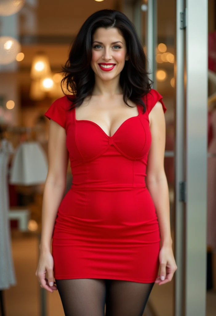 age 38, milf, Masterpiece, 4k resolution, ultra-realistic, very detailed) black hair, pale skin, green eyes, wide hips, thick bodytype, black stockings, tight red mini dress, 1950s housewife outfit, smiling 1960s housewife hairstyle, curvy body, wide hips, red lips, large round fake breasts, standing at her store front, posing showing off the store sign, mall background, seducing look, athletic, classy