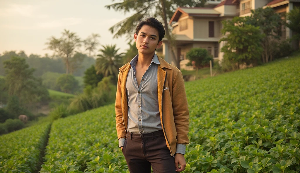 A vibrant 4K cinematic montage of a rural home transforming into a grand, luxurious estate. The scene includes lush, green fields filled with abundant crops and a newly built, elegant house with intricate woodwork and shining windows. The foreground shows a man with a proud expression, wearing new, clean clothes. The environment is bathed in golden sunlight, emphasizing prosperity and success. The details in the house, crops, and textures are hyper-realistic, evoking a feeling of wealth and accomplishment."
