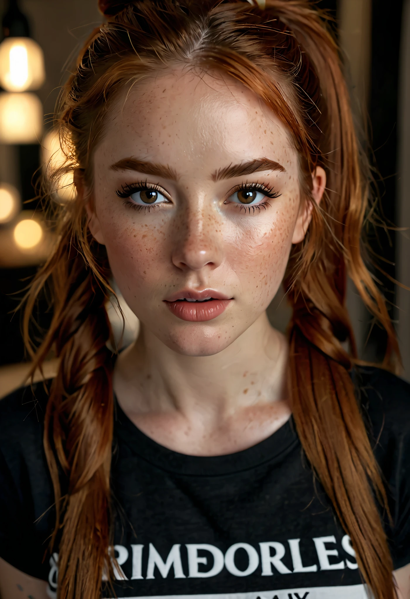 photo,8k,sharp focus,beautiful woman,close up,t-shirt,(detailed eyes:0.8),(looking at the camera:1.4),(highest quality),(best shadow),brown eyes,rim lighting,two tone lighting,dimly lit,low key,intricate details,interior,ponytails,ginger hair:1.3,open mouth:0.7,freckles