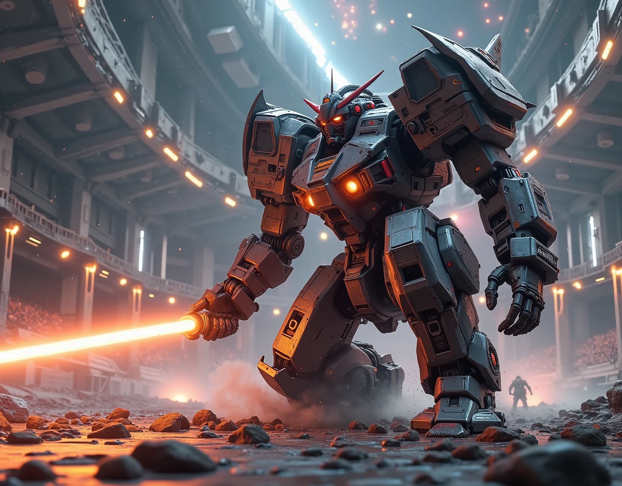 A colossal, heavily armored mecha resembling a Gundam Robots,solo, kneels on one knee in the vast void of space, gripping a glowing beam saber with both hands. The saber’s blade, glowing with an intense fiery light, is held horizontally as the mecha adopts a dynamic stance, ready to spring into action. Its intricate armor, marked with battle-worn textures and glowing energy lines, reflects the cold, ambient light of the surrounding environment. Behind the mecha, a massive space colosseum looms, its metallic structure adorned with glowing panels and enormous arches, suspended in the endless void. Beyond the arena, distant stars and vibrant nebulas provide a breathtaking backdrop. The mecha’s thrusters flicker faintly, hinting at the explosive energy building up as it prepares to launch forward. The scene captures a moment of electrifying tension, rendered with hyper-realistic details, cinematic lighting, and a stunning 8k resolution for a masterpiece of dynamic storytelling.
