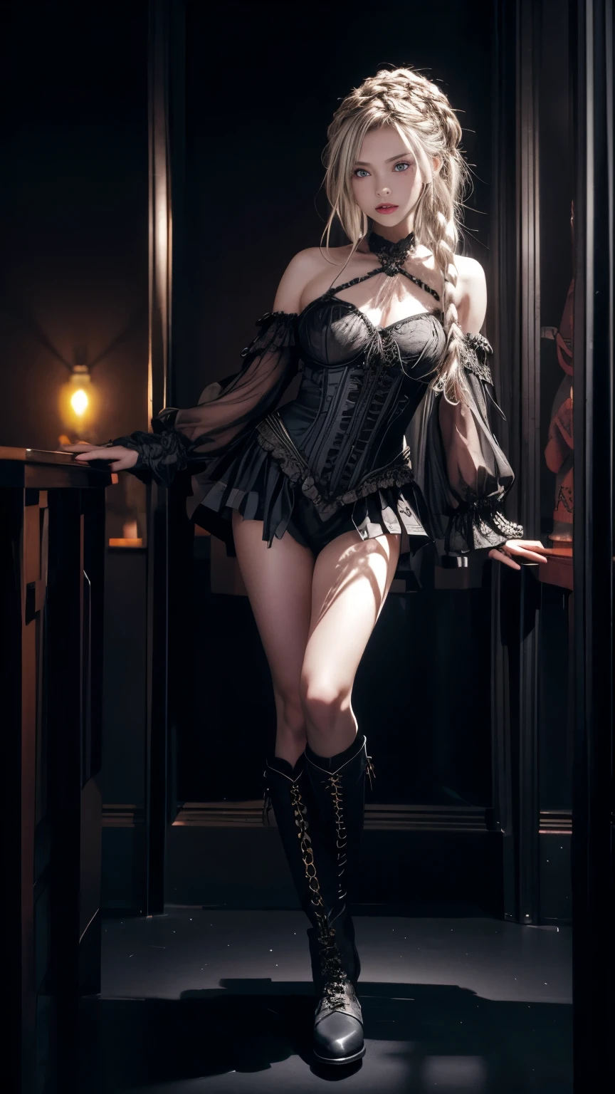 (Highest quality, Realistic, Cinema Lighting, 8k, masterpiece, Vibrant colors, Dramatic Shadows, Dynamic pose)
((blond hair:1.5, blunt bang:1.5)),((smile)),((large breast)), (full body)
BREAK (red and black theme:1.4), (red Tricorne hat with skull(symbol) print:1.4), ((elegant and sexy female pirate outfit, red dirndl with lace-up):1.3), ((red long sleeve with multi-layered ruffles, engageante):1.3), (fusion of red corset and pinafore:1.4), (red tiered skirt with multi-layered ruffles:1.3), ((bare shoulders, collarbone, shoulder strap):1.3), (garter belt:1.3), (black thigh high boots with heels:1.2)