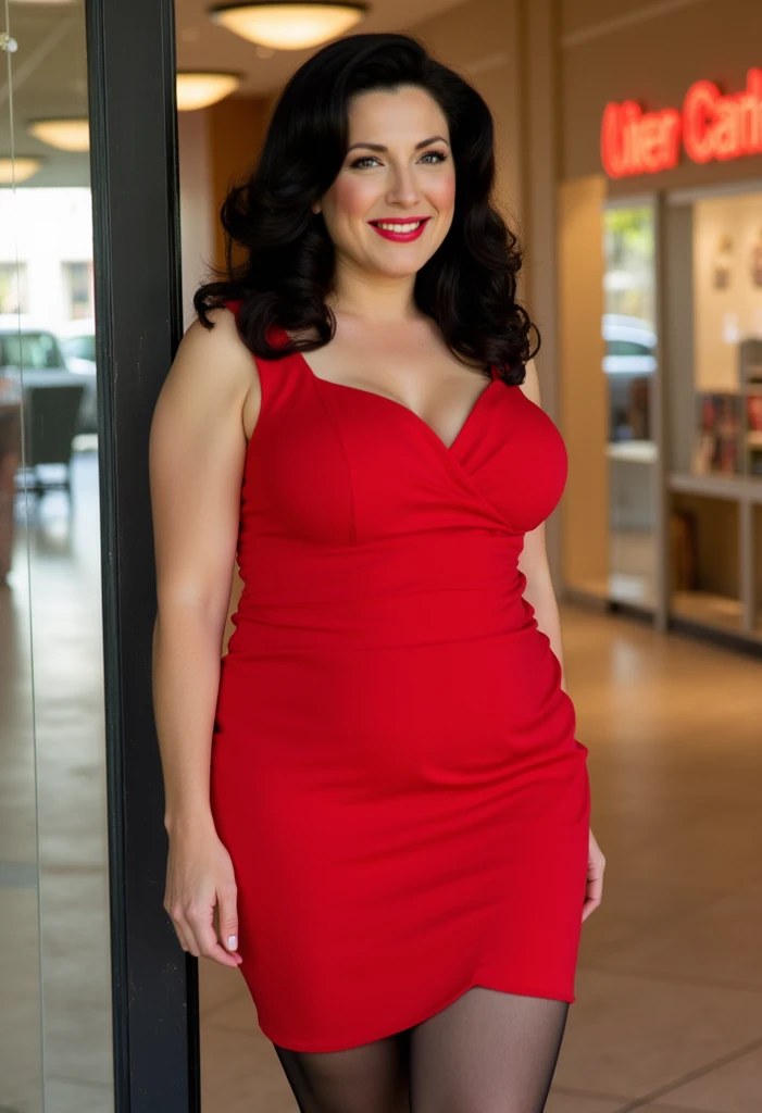 age 38, milf, Masterpiece, 4k resolution, ultra-realistic, very detailed) black hair, pale skin, green eyes, wide hips, thick bodytype, black stockings, tight red mini dress, 1950s housewife outfit, smiling 1960s housewife hairstyle, curvy body, wide hips, red lips, large round fake breasts, standing at her store front, posing showing off the store sign, mall background, seducing look, athletic, classy