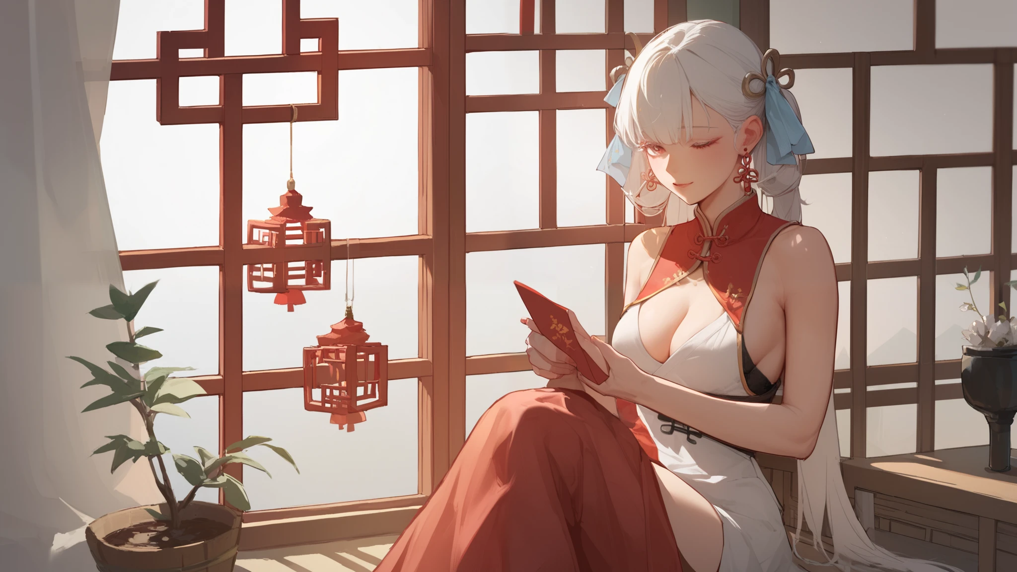 1 Girl, red Chinese character for double happiness, wooden window