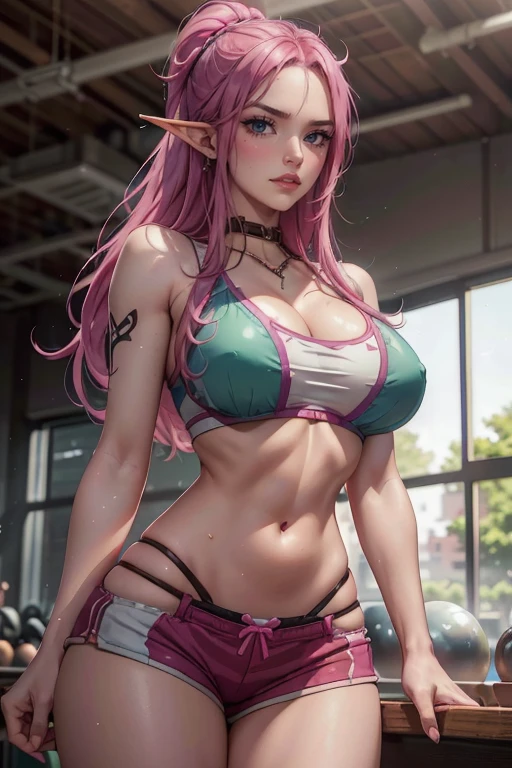 Elf, Gym, ((Maximum quality, 8k, masterpiece: 1,3)), She is at the gym, A detailed eye, ( looking forward ), look at the camera, ((Everything is shining, reflecting the light: 1,2)), (Best Proportion: 4 fingers, 1 thumb), (portrait), (((Jewelry Bonney de One Piece))), JewelryBonneyV2, 1 girl, alone, cute asian face, long hair, pink hair, ((skinny girl,  medium breasts , hyper detailed lips)),  red lips , (thighs, shorts esporte marrom,  white sports bra , Play Verde , purple eyes), belly button, abdomen,  complex and detailed bottom ,  gym full of devices, nervous, 