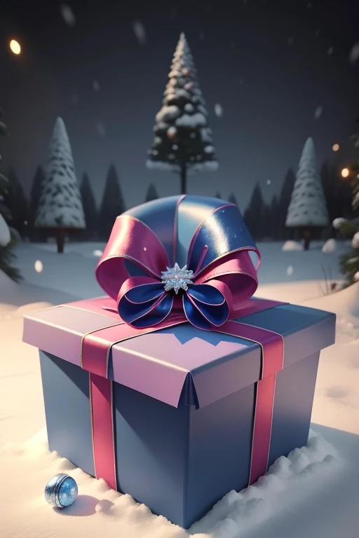 Beautiful blue giftbox with a pink bow. Lies under the Christmas tree on snow. Snow falling. Epic 3D scene. 