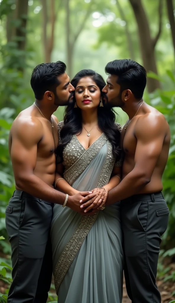 A sexy housewife fair white skin, sexy photo. Include her husband and boyfriend, housewife with a curvy but very physically fit, beauty though she is bit curvy and chubby in a hot sexy way. And her breast are very large atleast 38D, She wears saree below her navel, she has her navel pierced. Her figure is like Tamanaah Bhatia, sexy woman with midriff exposure and cleavage. Modern saree..
Don't forget she is very curvy and chubby.
Family portrait with husband and boyfriend. At village. Include her husband.