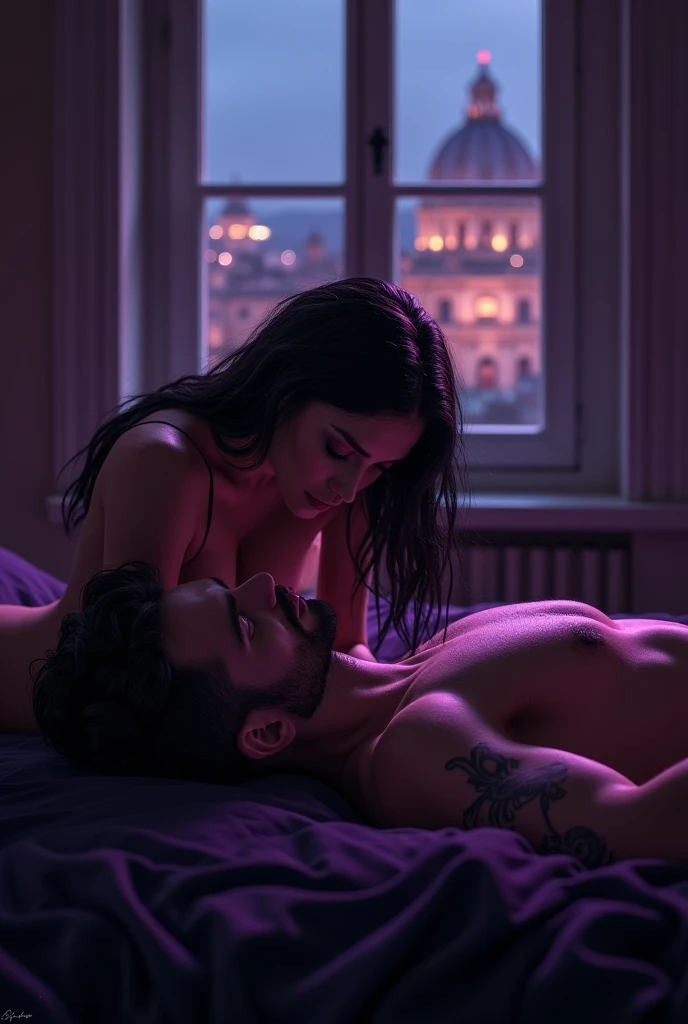 A brown-haired woman and a young man without any beard, tattooed guy having sex on a purple bed , in a purple room