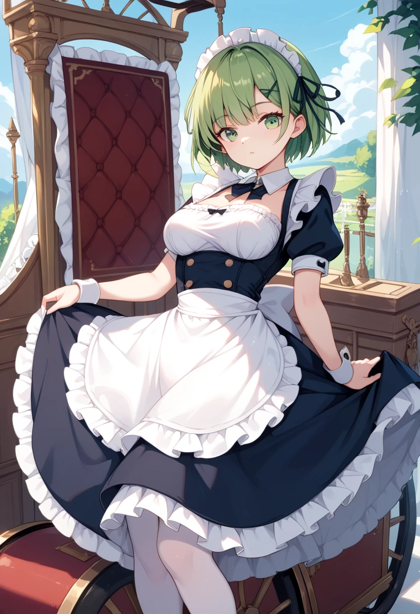 whole body　Diapers　Rem_\(:zero\)　green_eyes,hair_End_One_eye, short_hair,green_hair,hair_ribbon,carriage_Mansion_Maid_uniform,