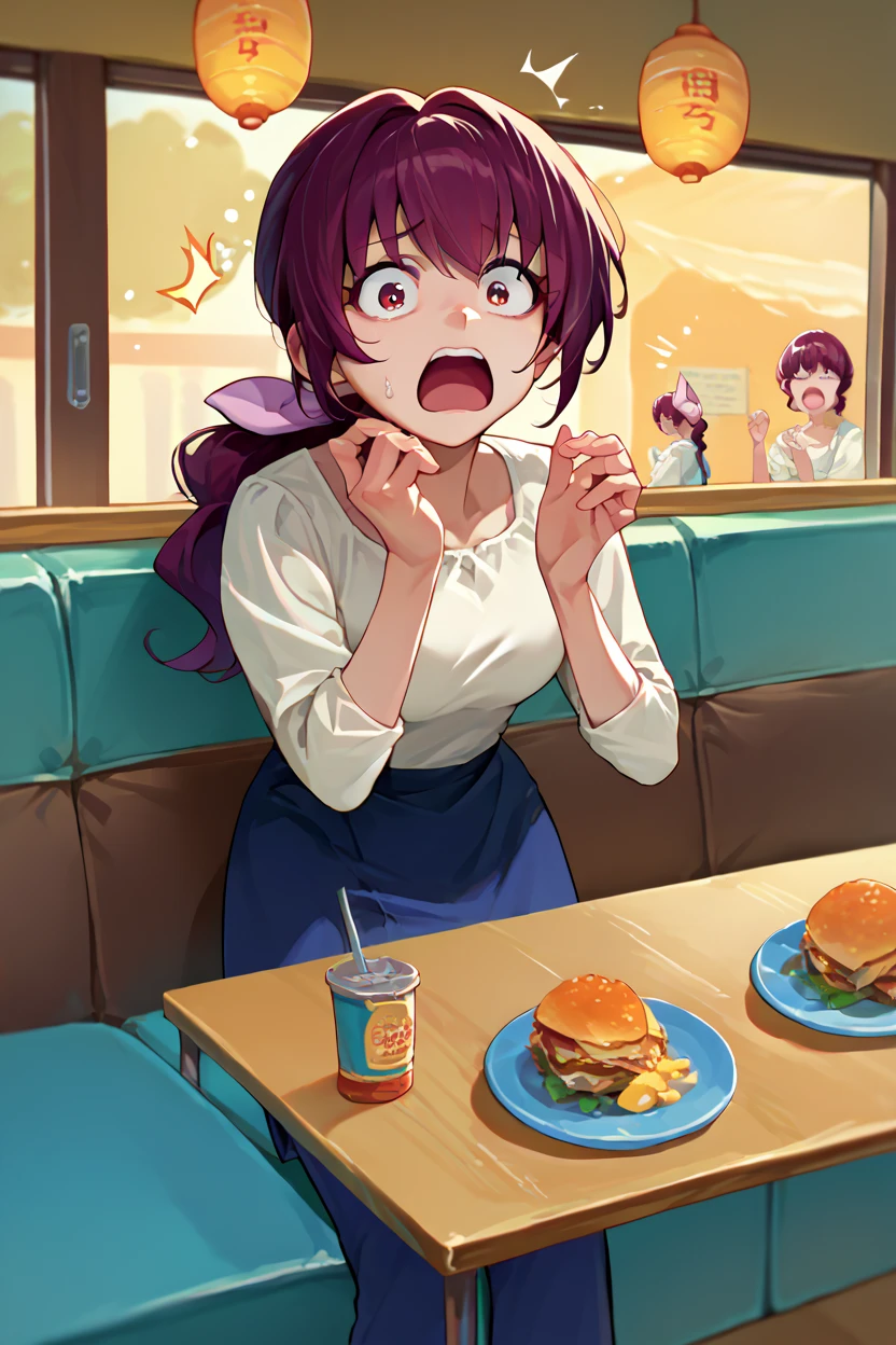 score_9, score_8_ up, score_7_ up, score_6_ up,  Source_Anime,  break 1 girl , Alone,  Izakaya,  ponytail, hair bow,  white shirt,  blue skirt, blue pants , 20-year-old female,  shocked ,  open your mouth, hands  up, looking at you,  restaurant 