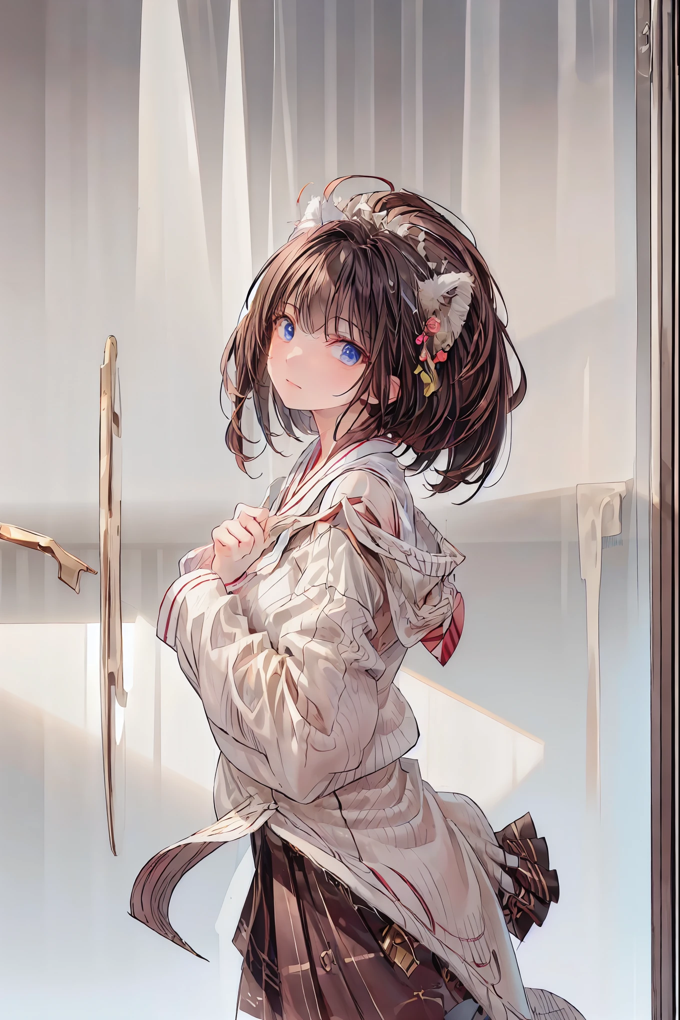(masterpiece:1.3), (8k, photorealistic , RAW photos , highest image quality taken by Ki : 1.4), Japanese high school girl 、( Search 。 hairstyles are random :1.2)、 super detailed face、 attention to detail、 double eyelid 、 Sharp Focus:1.2、 Beauty :1.4、 light brown hair、 top quality 、masterpiece、 super high res、( photorealistic :1.4)、 PROFESSIONAL LIGHT SMILE WITH ATTENTION TO DETAILS、Loose, lightweight knitwear 、 shoulder out、thin、 serious expression、 short hair with shadows、Deadly position,Brown Hair, shortcuts, messy hair, slender beauty , beautiful legs with a tail
