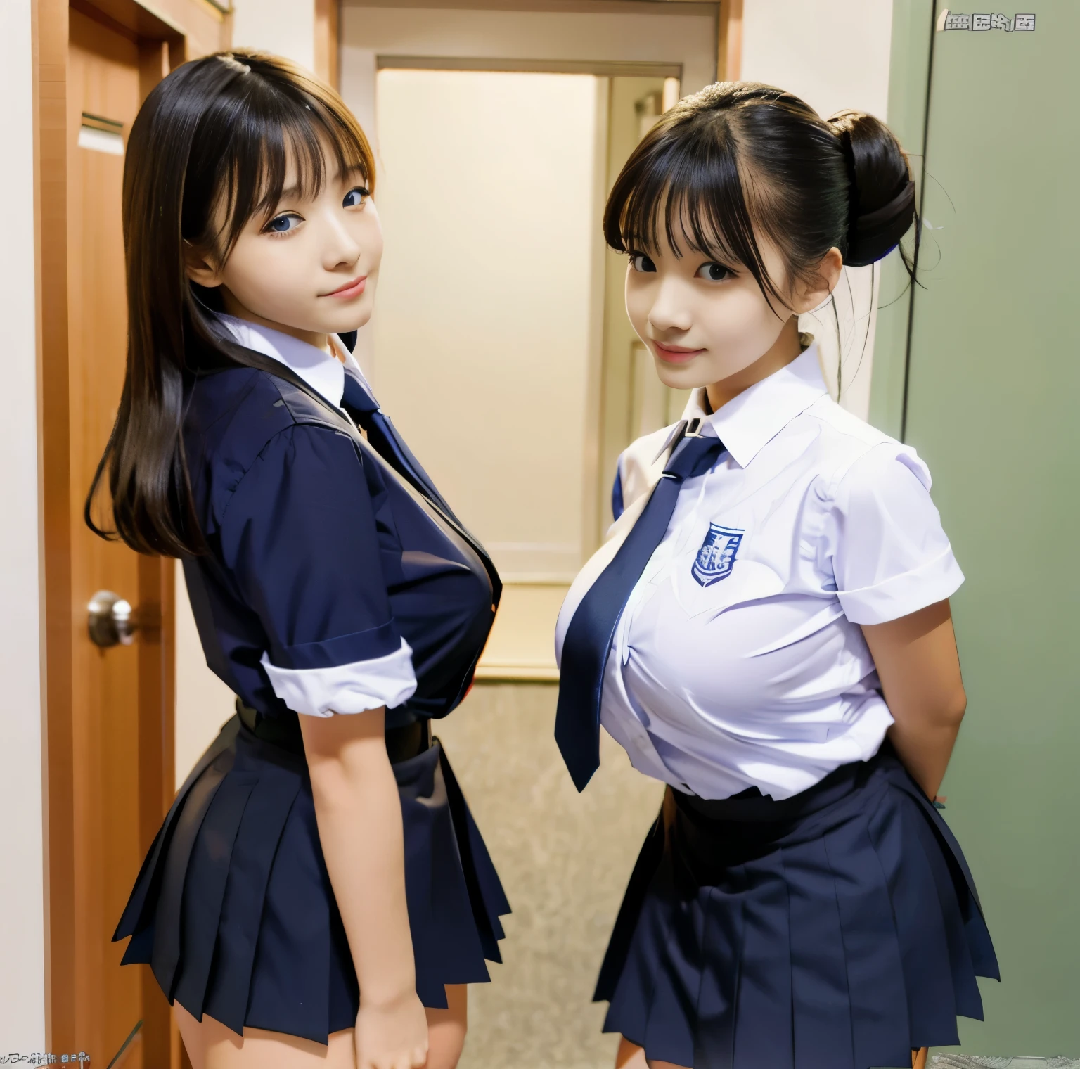 8K quality, Masterpiece, bright lighting , super real , (Two beautiful girls facing the camera and facing backwards :1.2), (The two are fully dressed in the tight schoolgirl uniform), ( One faces directly in front of the camera and shows off the red ribbon tie of their uniform). the other one who is left facing backwards , Brilliant blue eyes , (High chest position:1.2), (Big Breasts:1.3), Photograph, butt lift,
