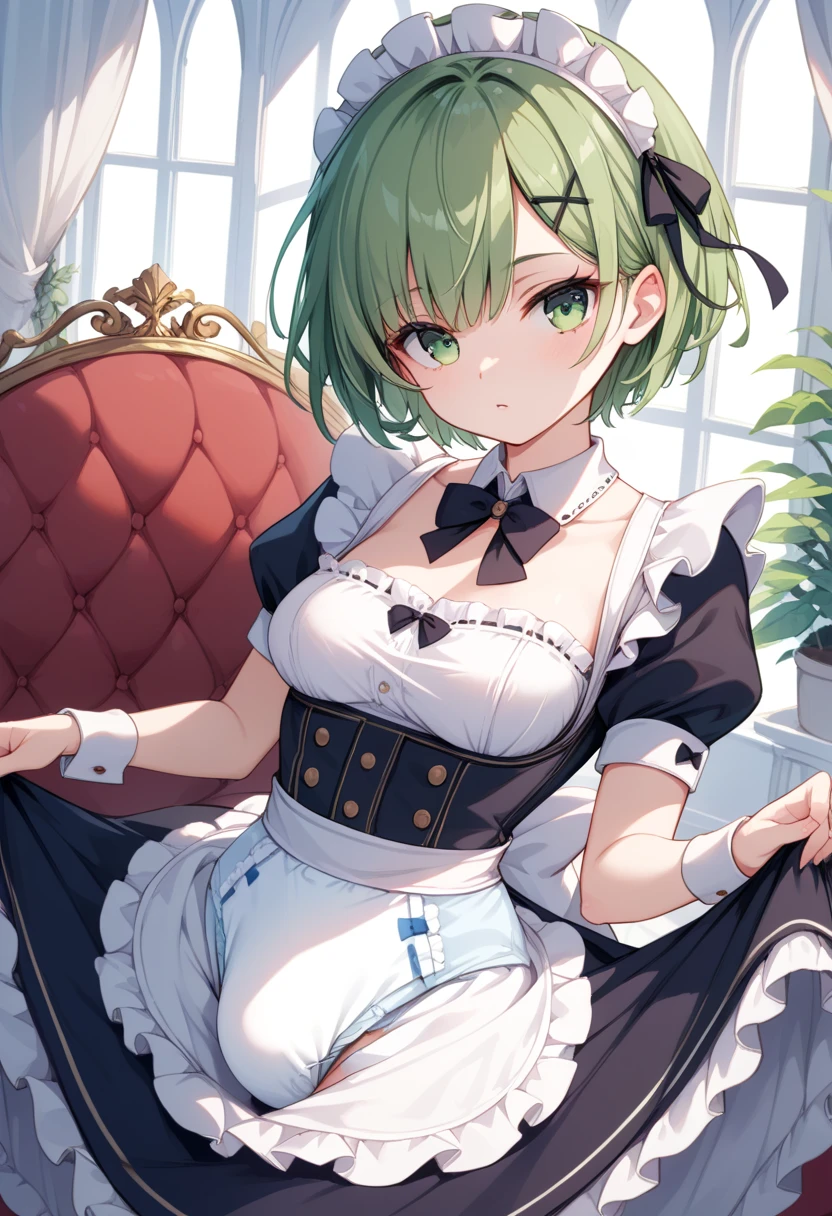 whole body　Diapers　Rem_\(:zero\)　green_eyes,hair_End_One_eye, short_hair,green_hair,hair_ribbon,carriage_Mansion_Maid_uniform,