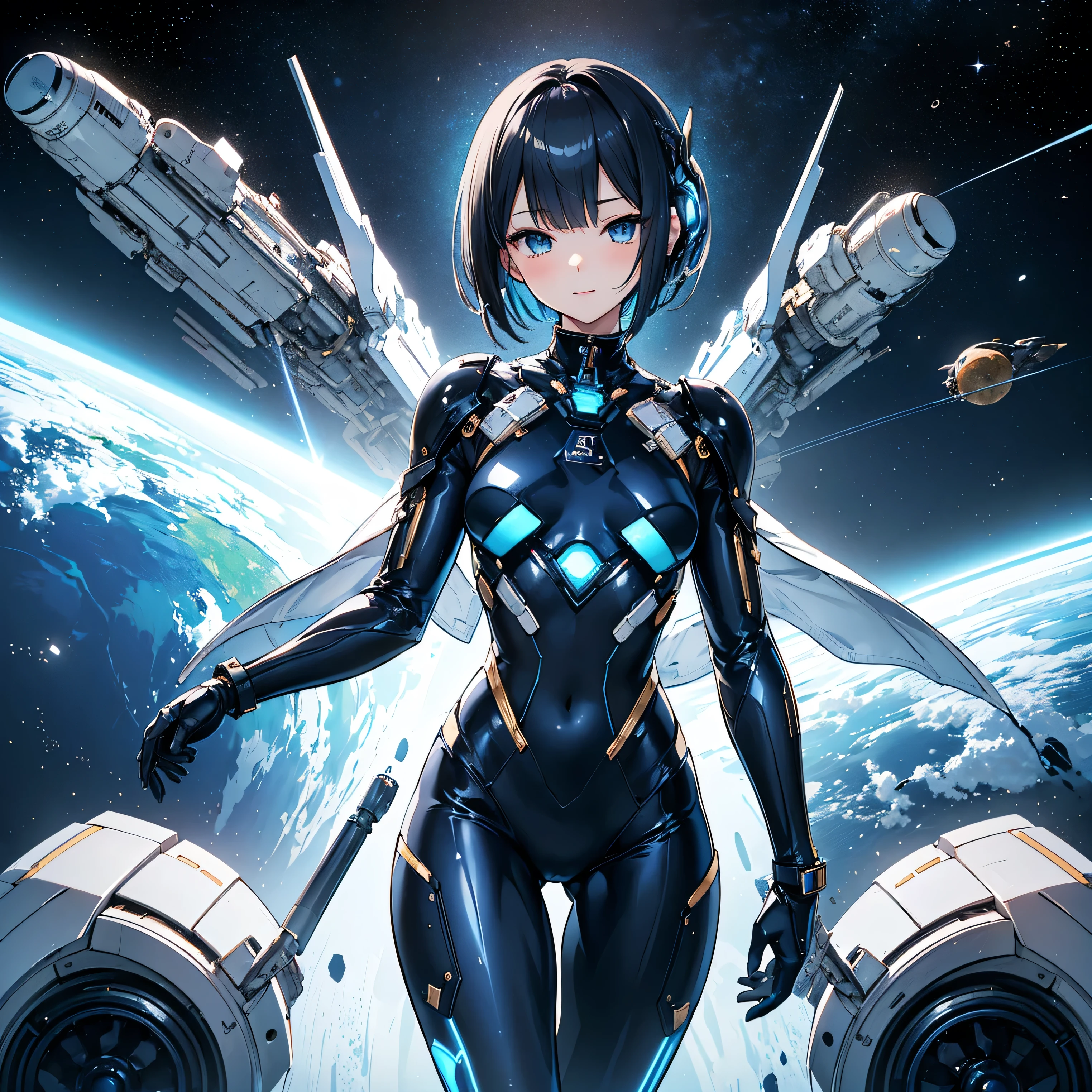 (masterpiece、 top quality 、 Highest Resolution 、 clear_image、 Detailed Details): (Whole body、A 20 year old girl、Japanese Faces、 small face、 slender、 dark blue super short bob cut hair、(Hidden small breasts:1.3)、Sparkling blue eyes 、 white, blue, and black shiny pilot suit、Chest protection armor、Tight fitting clothes、Clothing that covers the whole body、Glamorous clothes、 tight fit pants 、Hide your skin、 very delicate and beautiful、Detailed Skin、Hide your thighs、Hide your ass、 cute、A gentle smile、 soft expression、heroine、 headset、 long boots、Elbow-length gloves、 eye level shot、Peace talks between warring factions,attention arousal, Clever Blue Eyes,Face directly、 woman on a spaceship )、 background、Moon in the background、shiny pilot suit in white, blue and black colors with galaxy clouds on the background 、Meteor Shower、Meteor Shower、Saturn、Neptune、comet