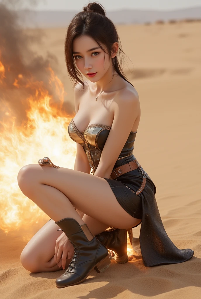 (RAW shooting, Photoreal:1.5, 32K, highest quality, masterpiece, ultra high resolution), sengoku, Fire, Wars flaring up everywhere:1.3, perfect dynamic composition:1.2, Highly detailed skin and facial textures:1.2, Slim female samurai with a sharp Japanese sword:1.3, Fight:1.2, beautiful and aesthetic, cute and sexy beauty, perfect style:1.2, wear elaborate rings, fire, water, wind, thunder, ice, Fair skin, very beautiful face, (Medium chest, Chest gap), (embarrassing smile, The expression on your face when you feel intense caress, Facial expression when feeling pleasure), Dull-colored combat uniform,A real sniper,Covert,(Wearing a sexy sengoku uniform:1.1, off shoulder), (beautiful gray eyes, Eyes that feel beautiful eros:0.8), (Too erotic:0.9, Bewitching:0.9), full body shot,Small breasts,Flat Chest,Small hips,Are thin,Slim figure,Thin legs,Thin thighs,Upper kick,beautiful korean girl, beautiful Asian face,Hidden Weapon in Hairpin,Concealed weapon on waist,Please note that rubber was not used at this time.,Please note that clothing is limited to natural materials such as thin cotton.,Please note that underwear is not generally worn.,Flat chest,Battle of the Last Boss,Standing alone against the final, most powerful enemy,The climax,final battle,Dawn is Near!,Slim legs and thighs,Small waist,Slim figure,Thin butt,Small hips,Leaner figure,The belly button and the surrounding area are exposed,Defeat the enemy ninja,(((平らな胸))),(((小さいお尻))),(細い脚),